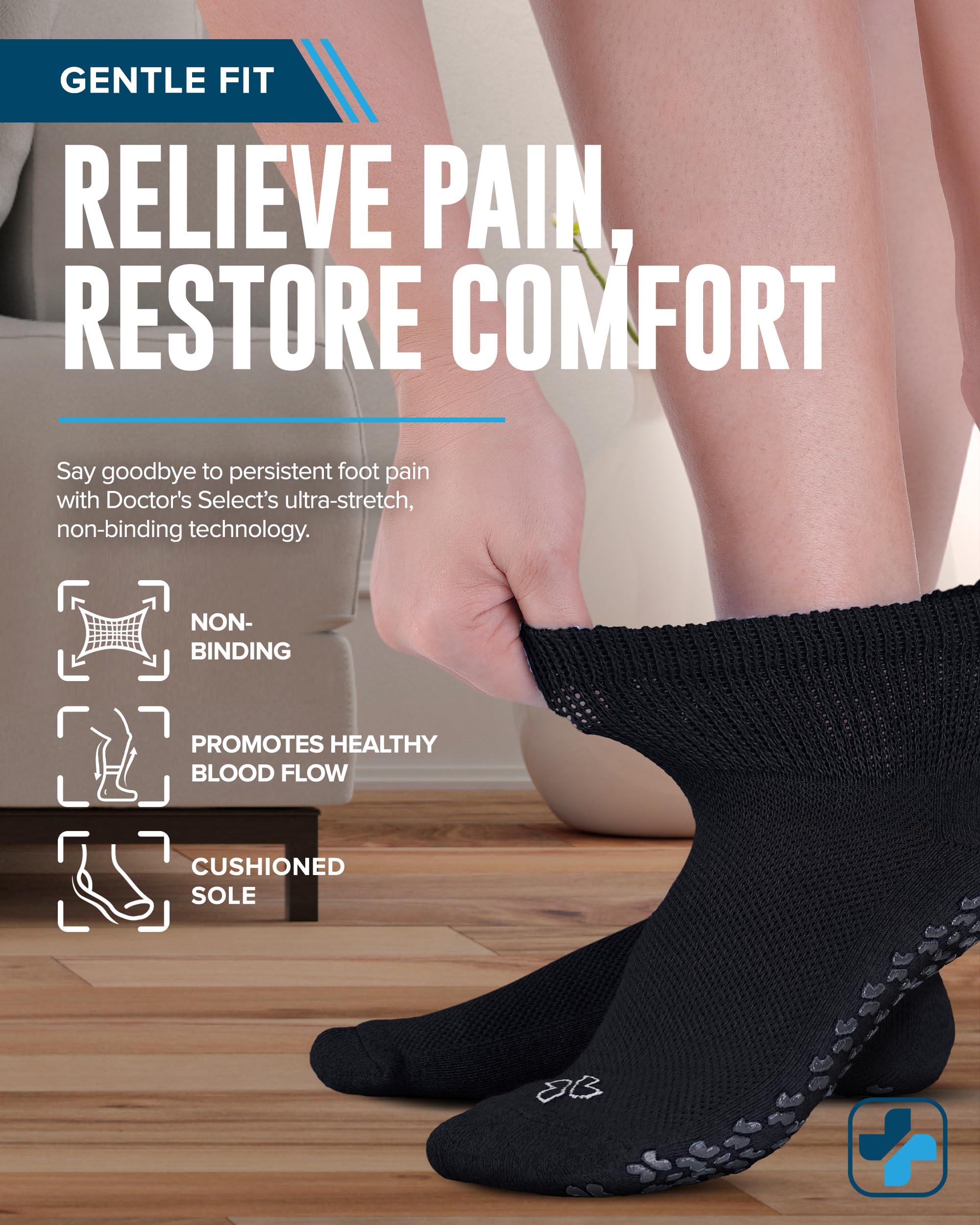 Doctor's Select Diabetic Socks for Men & Women - 4 Pair, Black & White, Non-Slip, Medium Size (Men's 5-9, Women's 6-10)