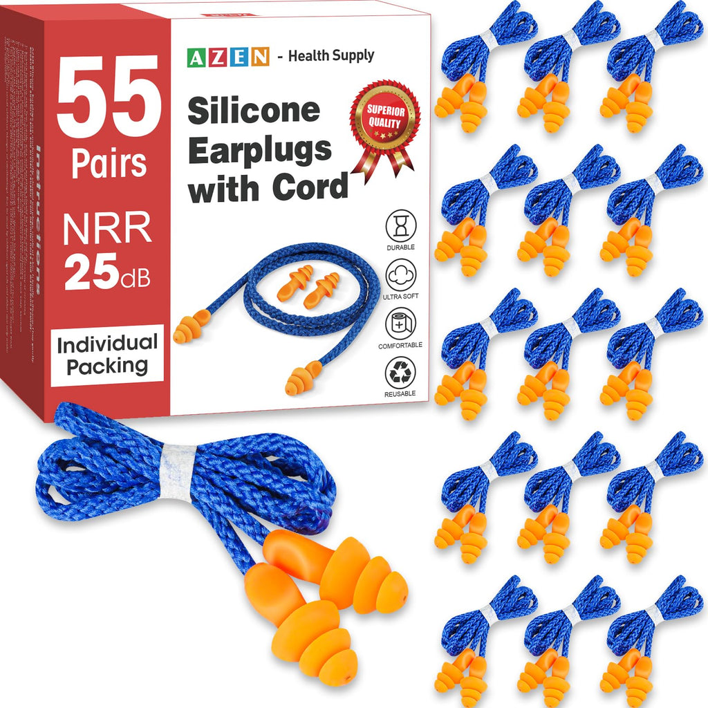 AZEN 55 Pairs Silicone Ear Plugs, Reusable Earplugs for Noise Reduction, 25dB NRR Corded Ear Plugs for Sleeping Noise Cancelling