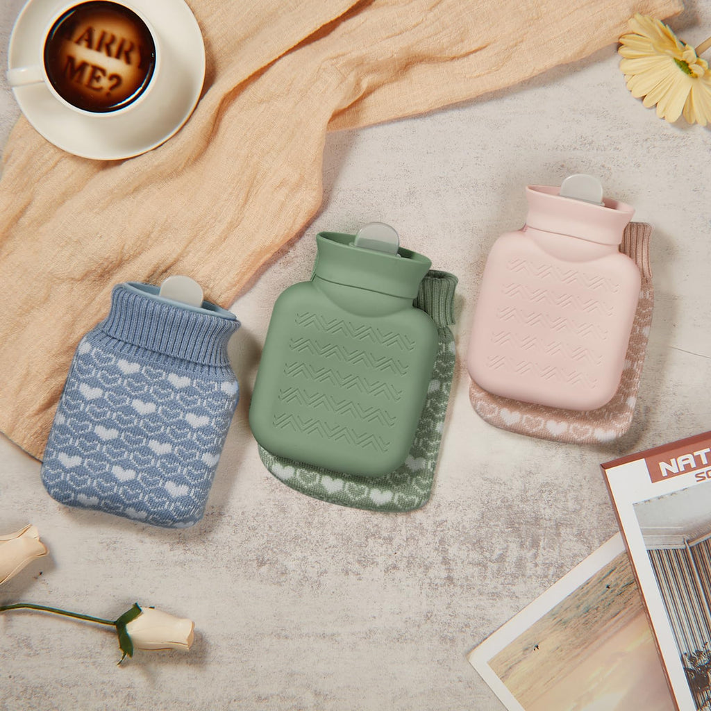 Amylove 3 Pcs Mini Hot Water Bottle for Hot & Cold Compress with Cover 320ml Silicone Microwave Heating Bottles Small Water Bag