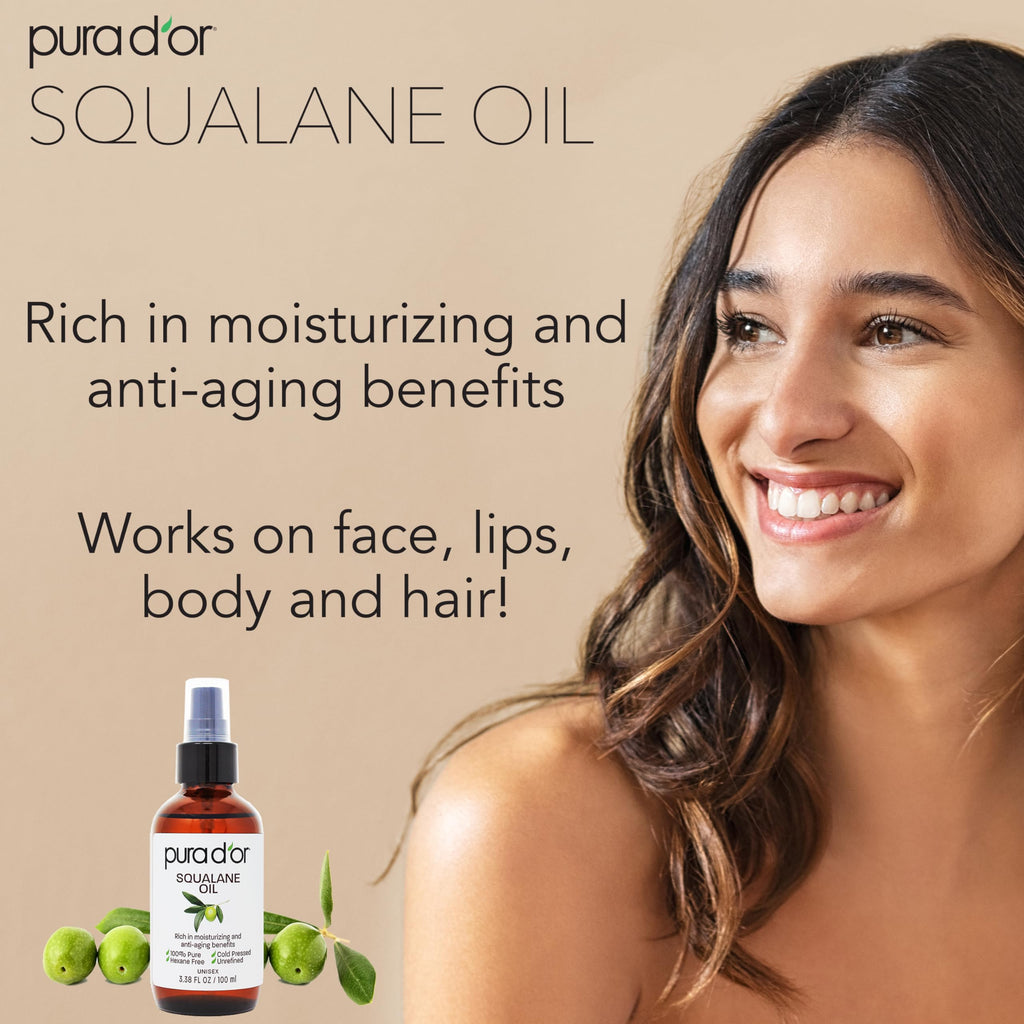 PURA DOR 3.38 Oz Squalane Oil - Non-GMO 100% Pure & Natural - Moisturizer For Face, Hair And Body - Vegan, Cruelty-Free with An