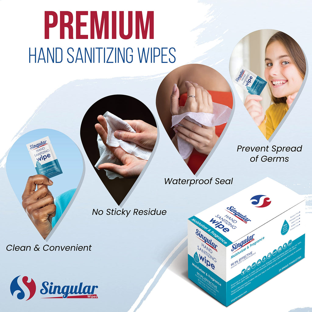 Hand Sanitizing Wipes Travel Size by Singular Wipes - Hand Sanitizer Wipes Individually Wrapped with Fresh Citrus Fragrance & Mo
