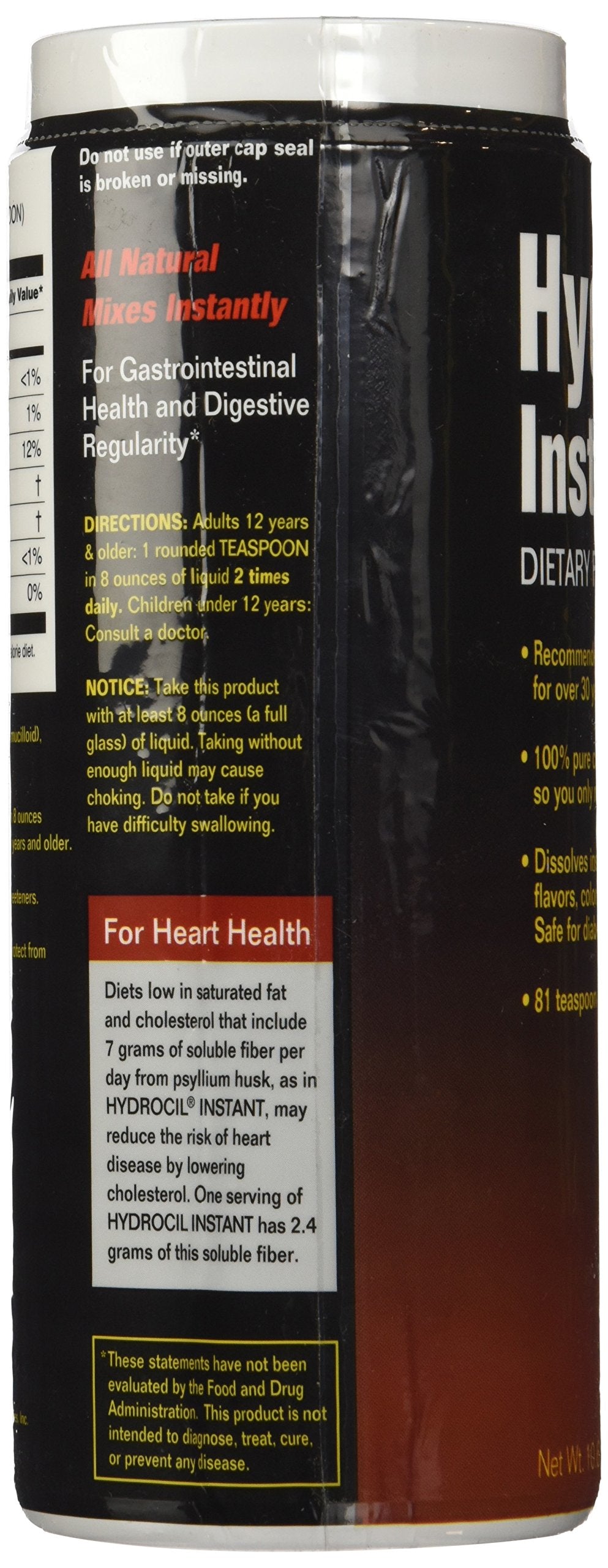 Hydrocil Dietary Fiber Supplement 10.6 Ounce, Dietary Fiber Supplement, Dissolves Instantly, No Sugar No Artificial Flavors No A