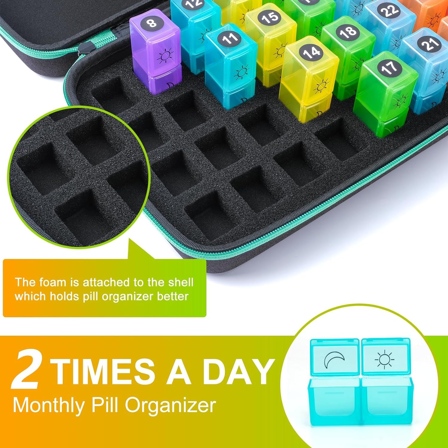 Monthly Pill Organizer 2 Times a Day,Month Pill Box Organizer with 32 Daily Compartments,30 Days Pill Holder with Hard Travel Ca