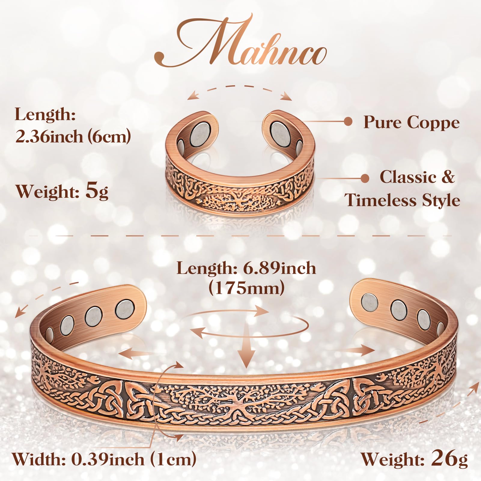 Copper Bracelets for Women & Lymphatic Drainage Ring, Magnetic Lymph Detox Ring and Magnetic Copper Bracelet, 100% Solid Pure Co