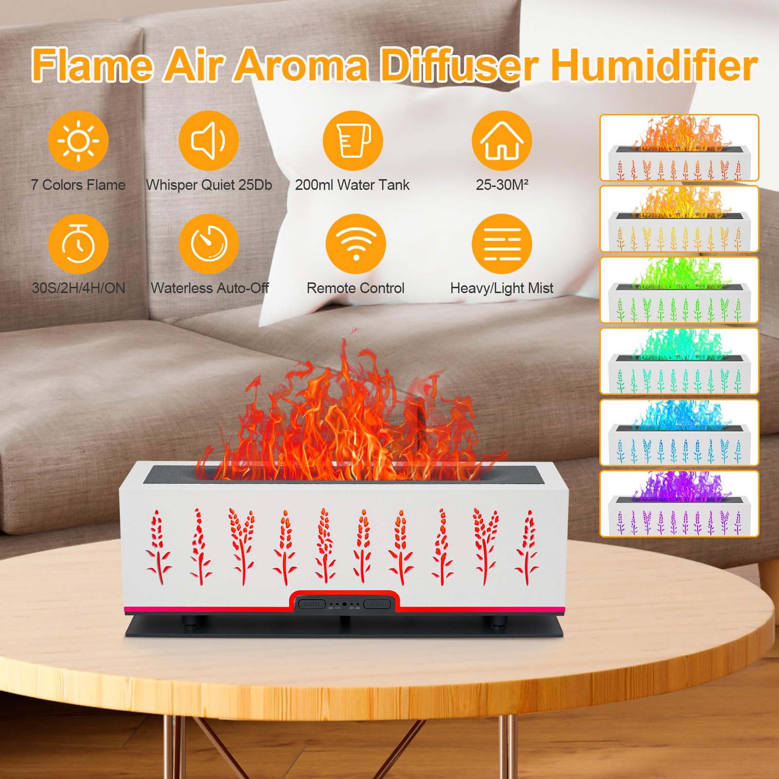 WENPHONE Colorful Essential Oil Diffuser, 7 Colors Flame Diffuser Changing Aromatherapy Diffuser, 200ml Cool Mist Ultrasonic Dif