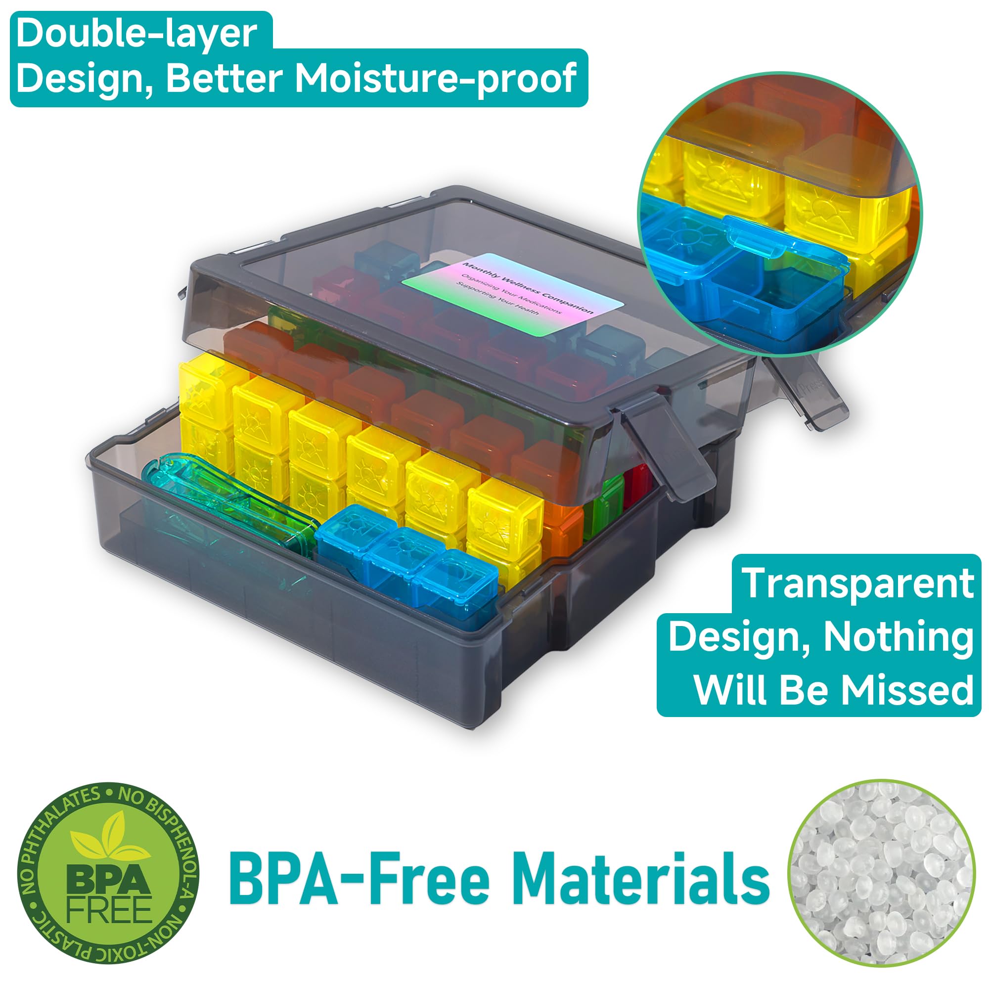 Monthly Pill Organizer 3 Times a Day, Portable Pill Box with Weekly Travel Bag, Large Capacity Medicine Organizer with Labels, 3