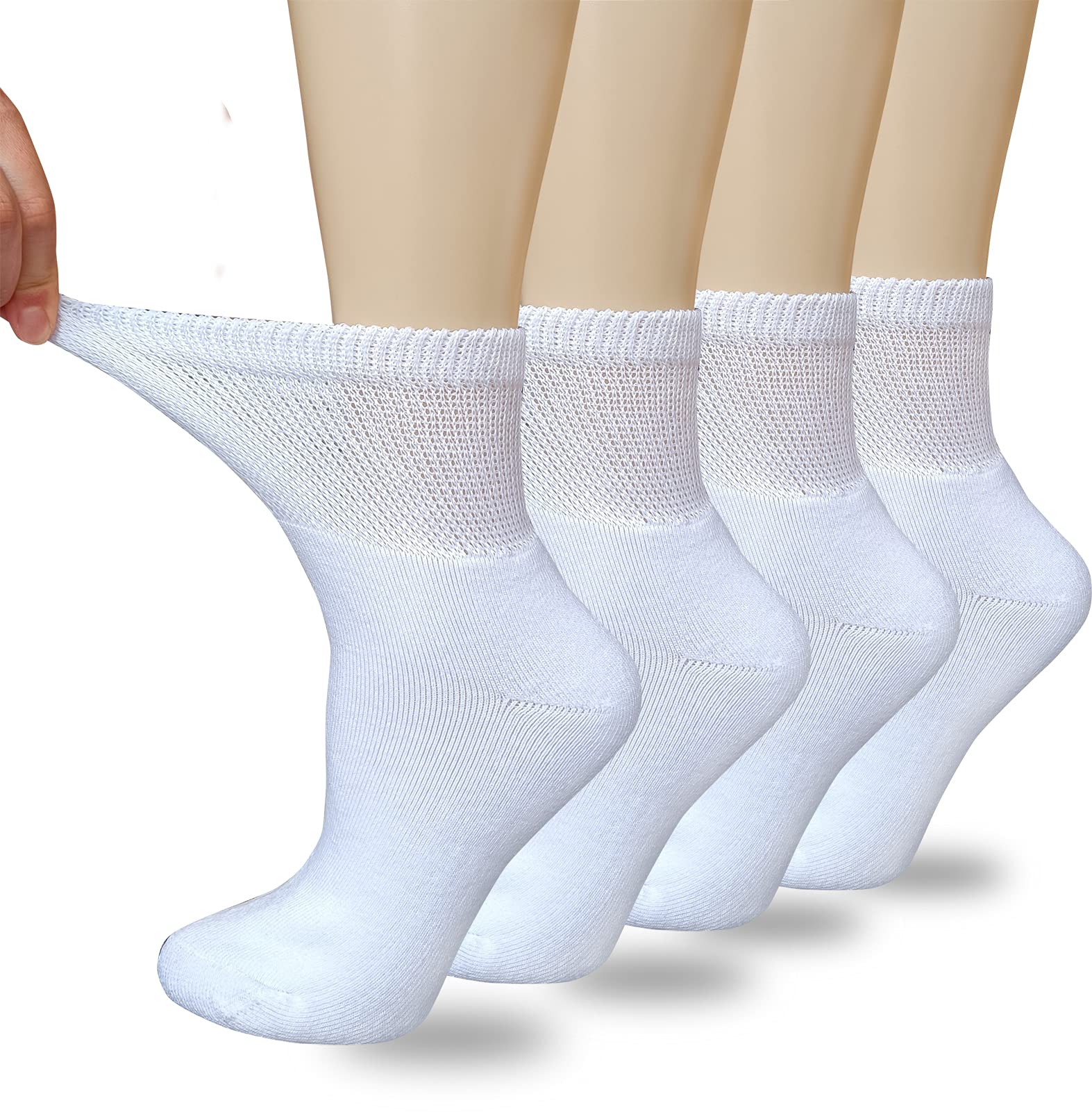 VEIGIKE Women Diabetic Socks Soft Breathable Moisture Wicking Quarter Ankle Socks, Extra Wide Non-Binding Socks 4 Pairs, White-4