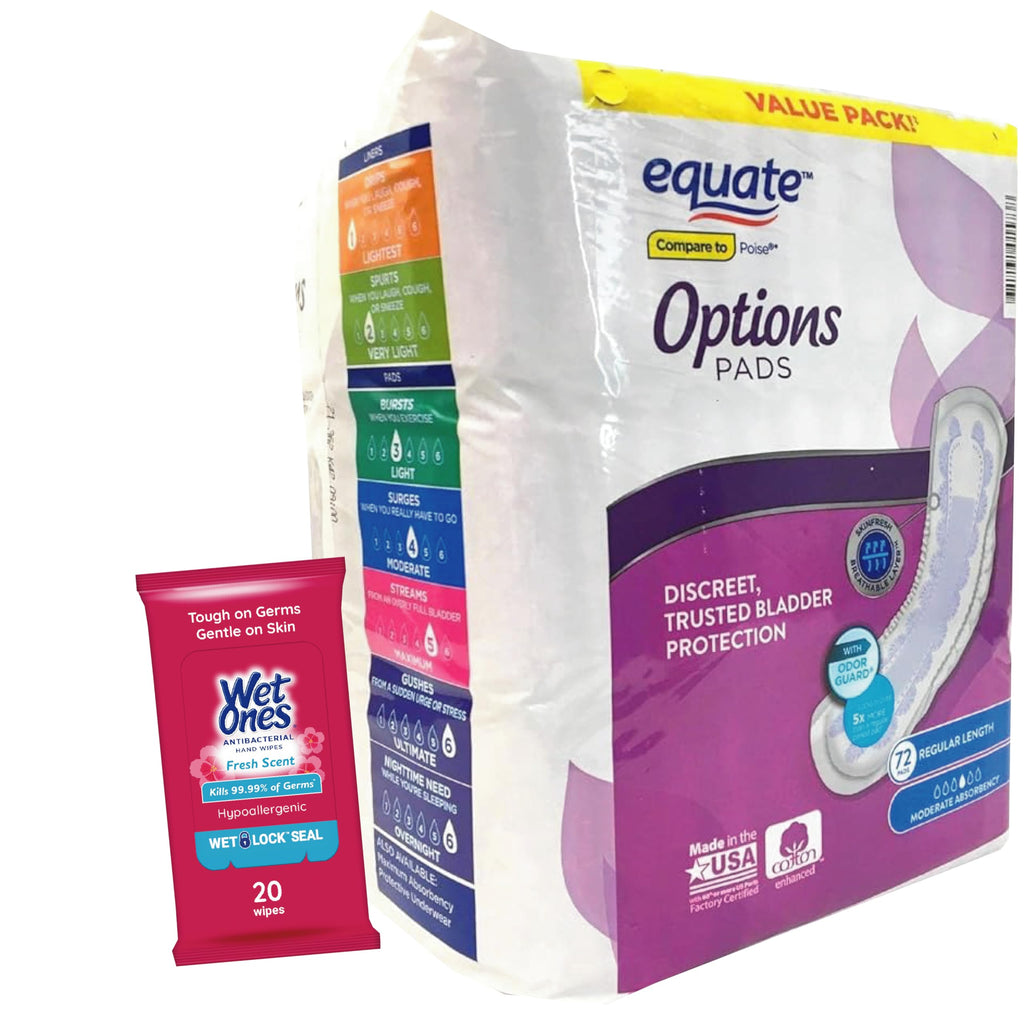 Generic Equate Options Incontinence Pads for Women, Ultimate Absorbency, RegularLength (72 Count), Plus Wet Ones Wipes, White