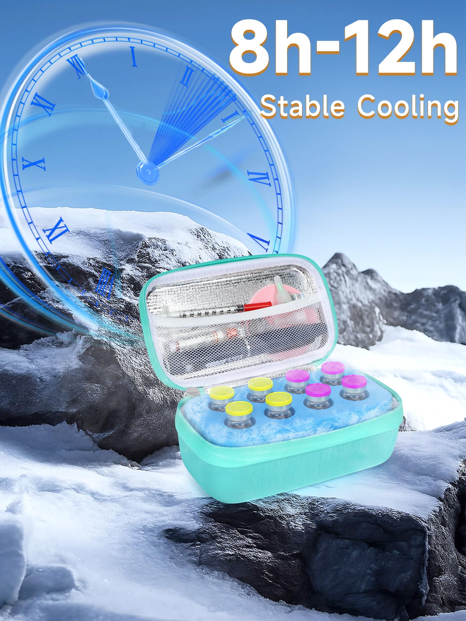 YOUSHARES Insulin Vial Cooler Travel Case - 8 Slots Freezable Ice Brick Organizer for Peptide Vials, GLP-1 Fridge Holder Diabeti