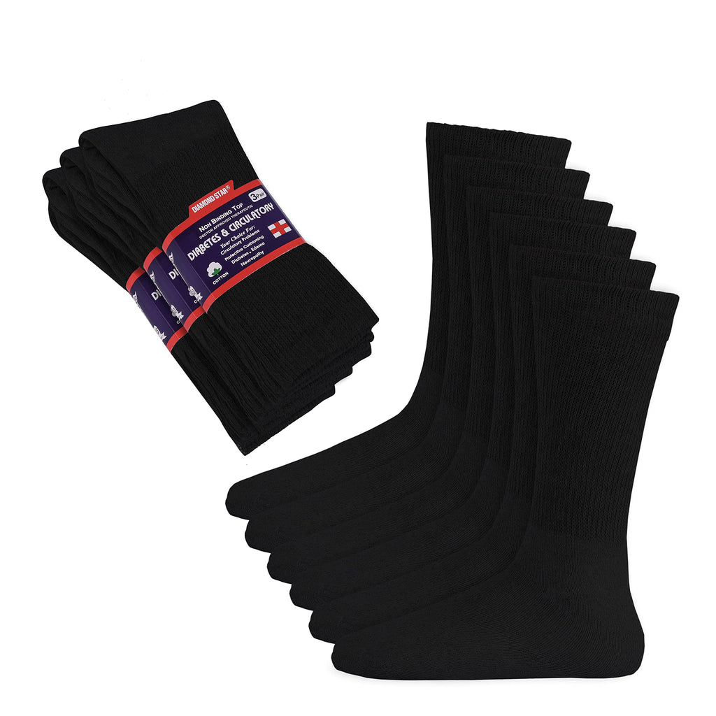 Diamond Star Diabetic Socks, Non-Binding Circulatory Cushion Cotton Crew Diabetic Socks for Mens Womens 9-11 (3 Pairs Black)