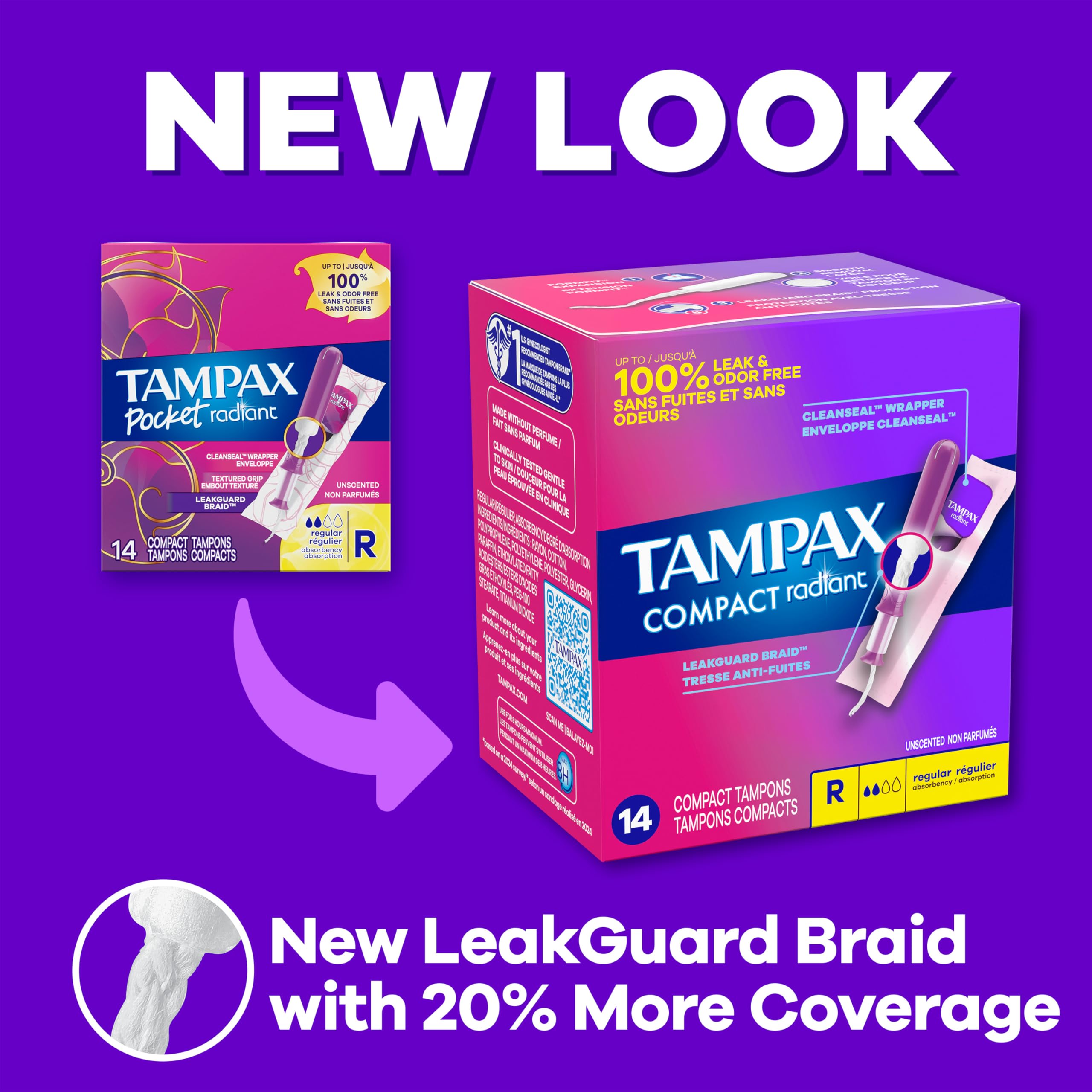 Tampax Pocket Radiant Compact Plastic Tampons, with LeakGuard Braid, Regular Absorbency, Unscented, Pack of 3 (28 count each pac