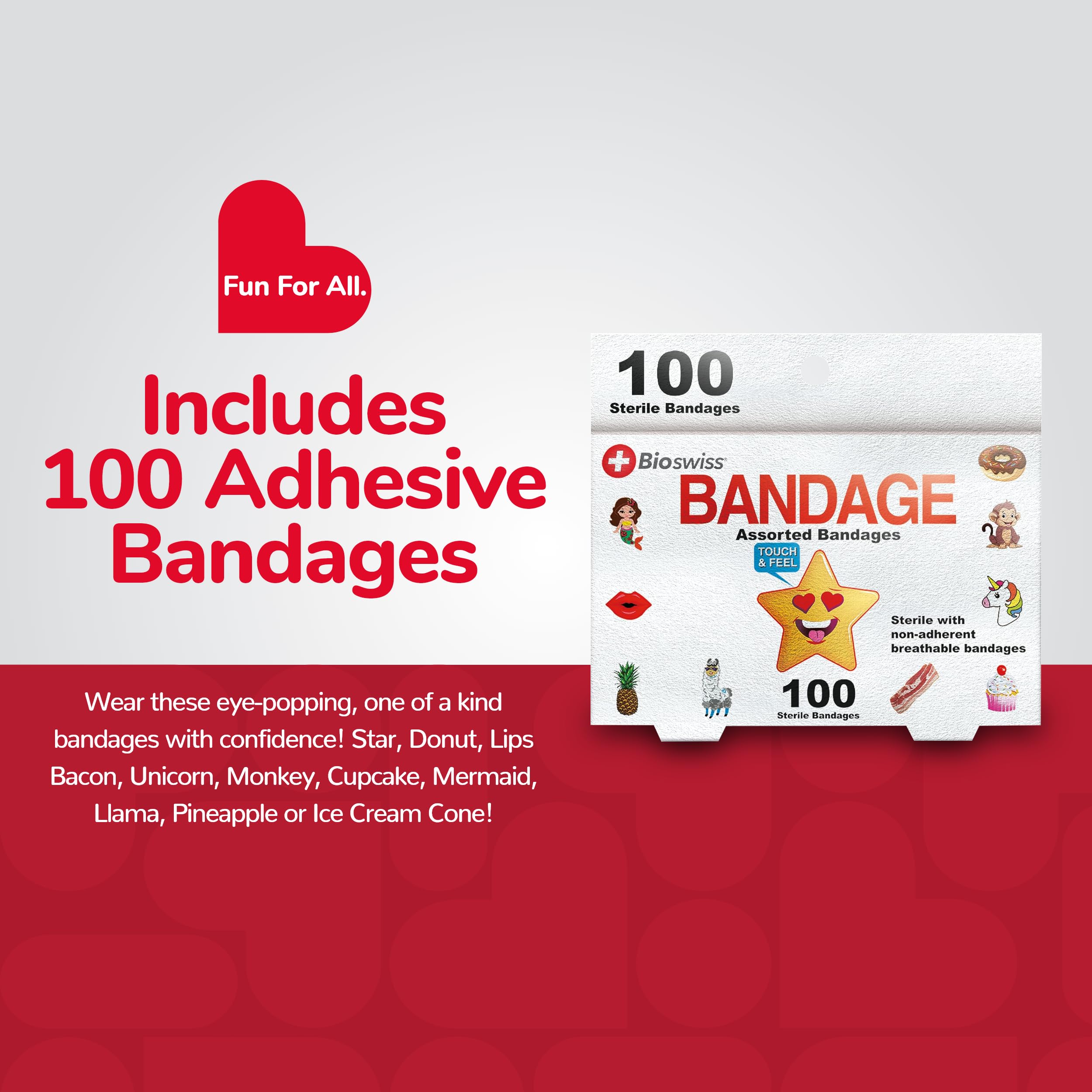 BioSwiss Bandages, Assorted Animal, Fun, and Food Shaped Self Adhesive Bandage, Latex Free Sterile Wound Care, 100 Count