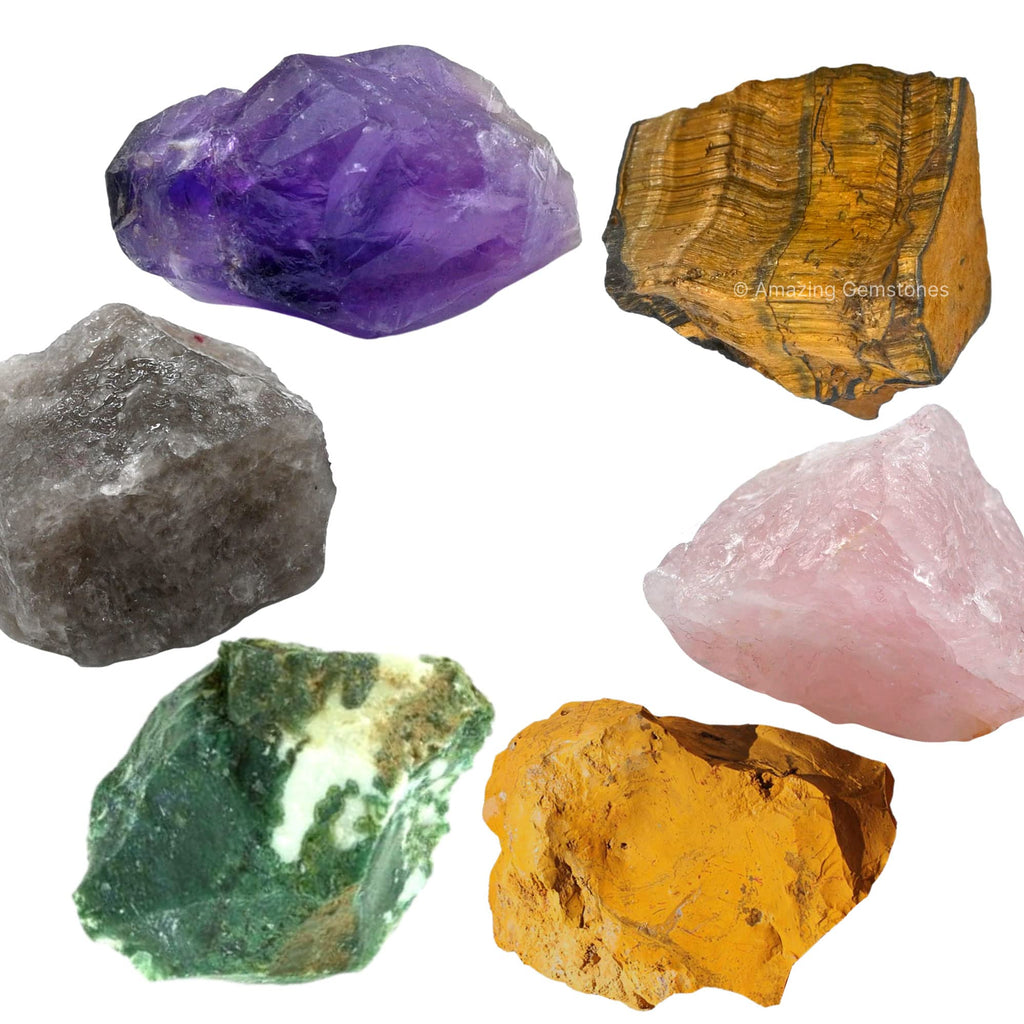 Crystals to Help Quit Smoking Manifestation, Set of 6 Amethyst, Tiger Eye, Yellow Jasper, Rose Quartz, Smoky Quartz and Moss Aga