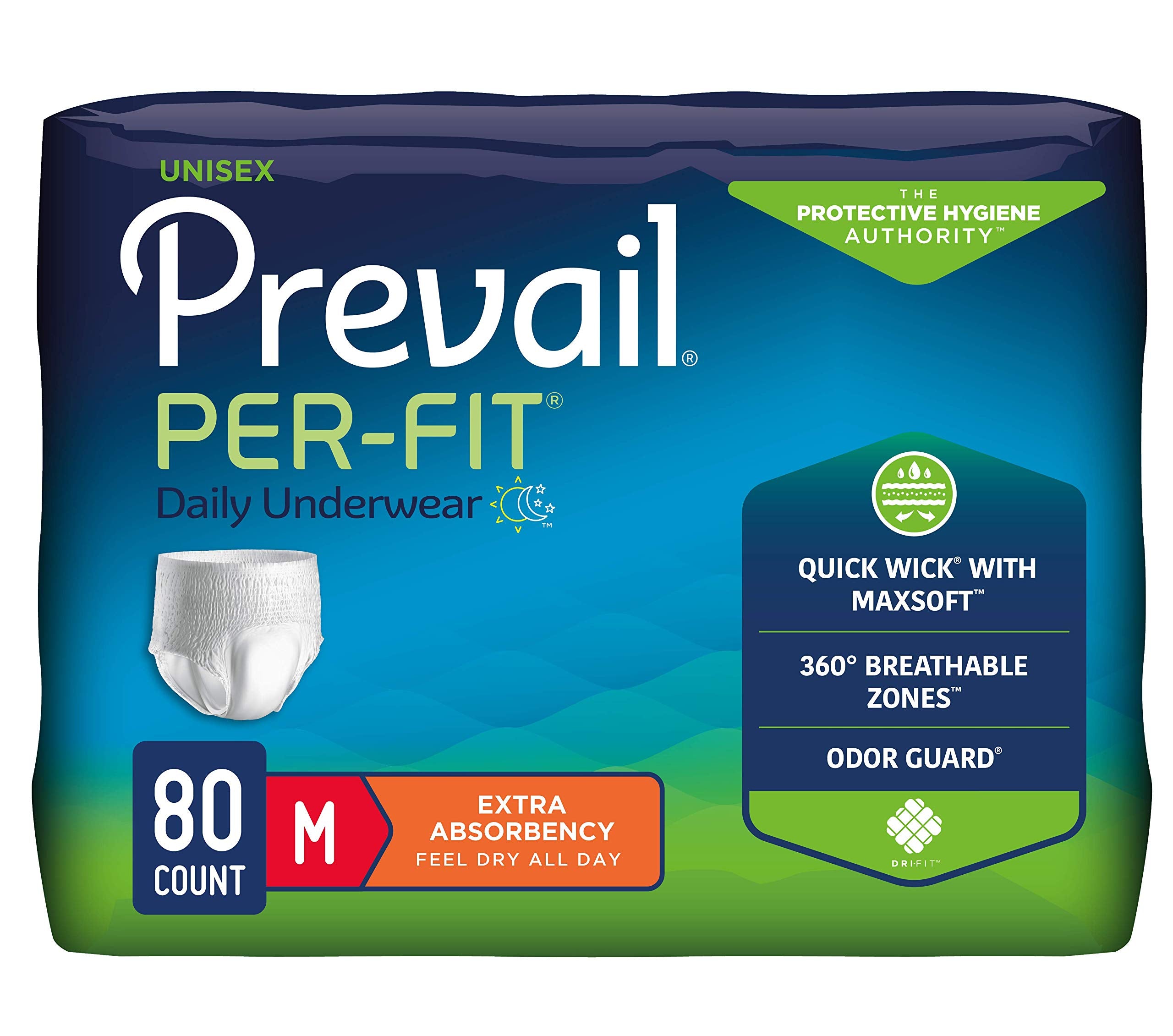 Prevail Per-Fit Daily Protective Underwear, Unisex Adult Disposable Adult Diaper for Men & Women, Extra Absorbency, Medium, 80 C