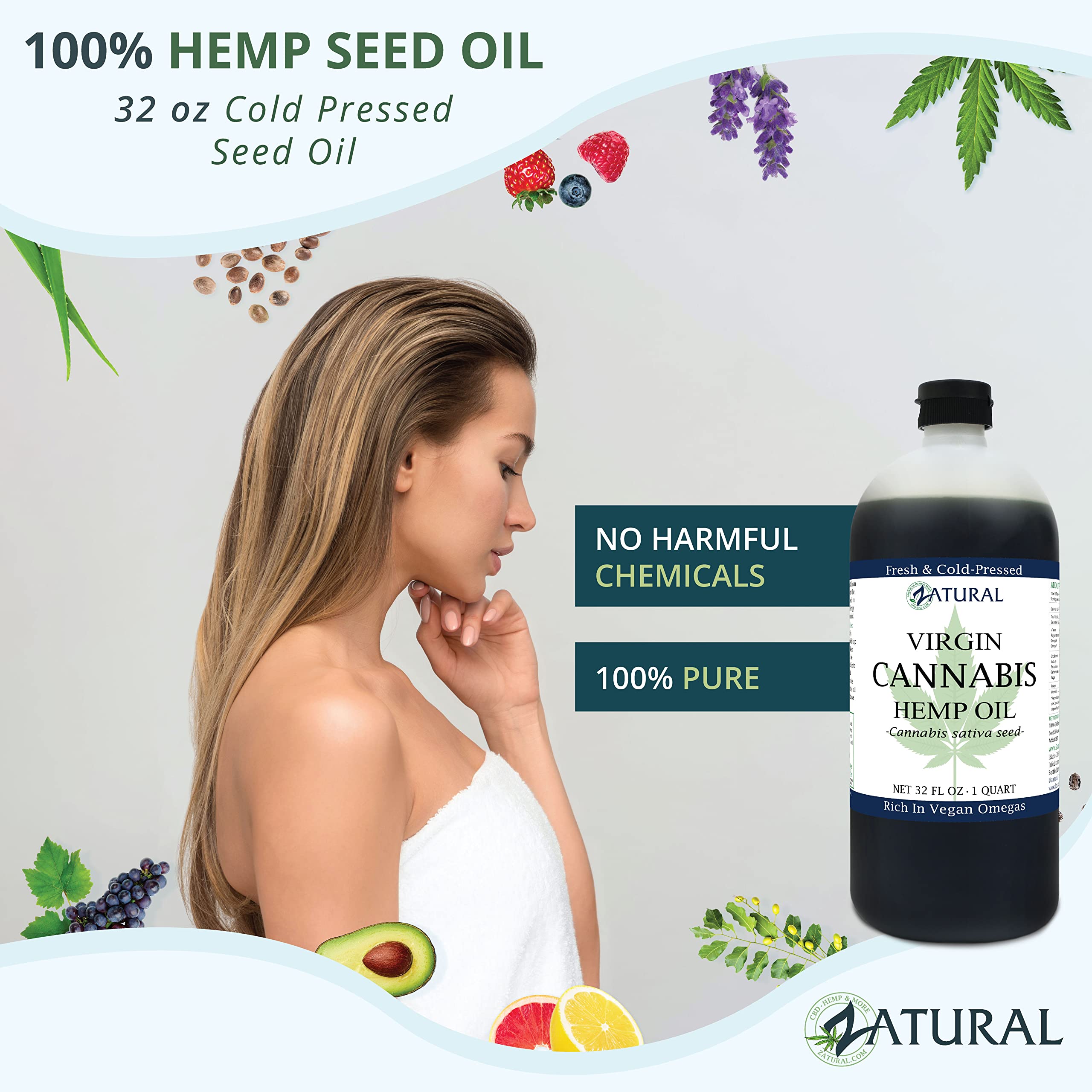 Zatural Organically Grown Hemp Oil 100% Pure Cold Pressed High Vegan Omegas 3 & 6 No Fillers or Additives Therapeutic Grade (32