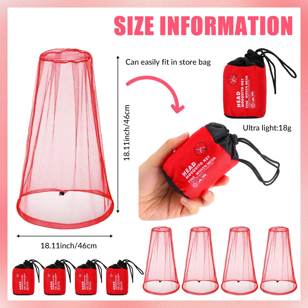 Hestya 4 Pack Mosquito Face Mesh Net Protecting Net for Outdoor Hiking Camping Climbing Mosquito Fly Insects Preventing (Red)