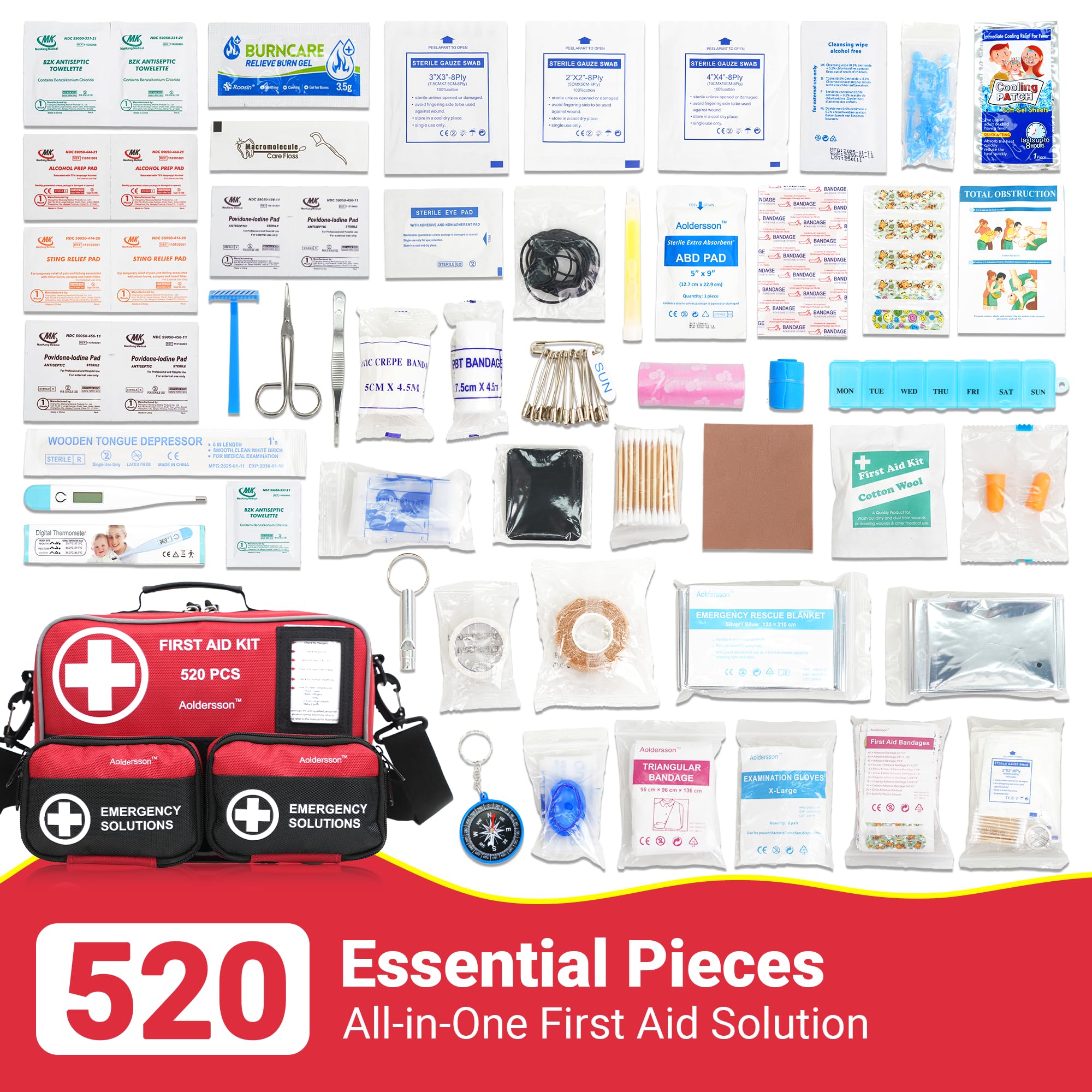 Aoldersson 520 Piece Large First Aid Kit - Emergency Survival Kit for Car, Home, Camping, and Travel - Compact Medical Kit for R