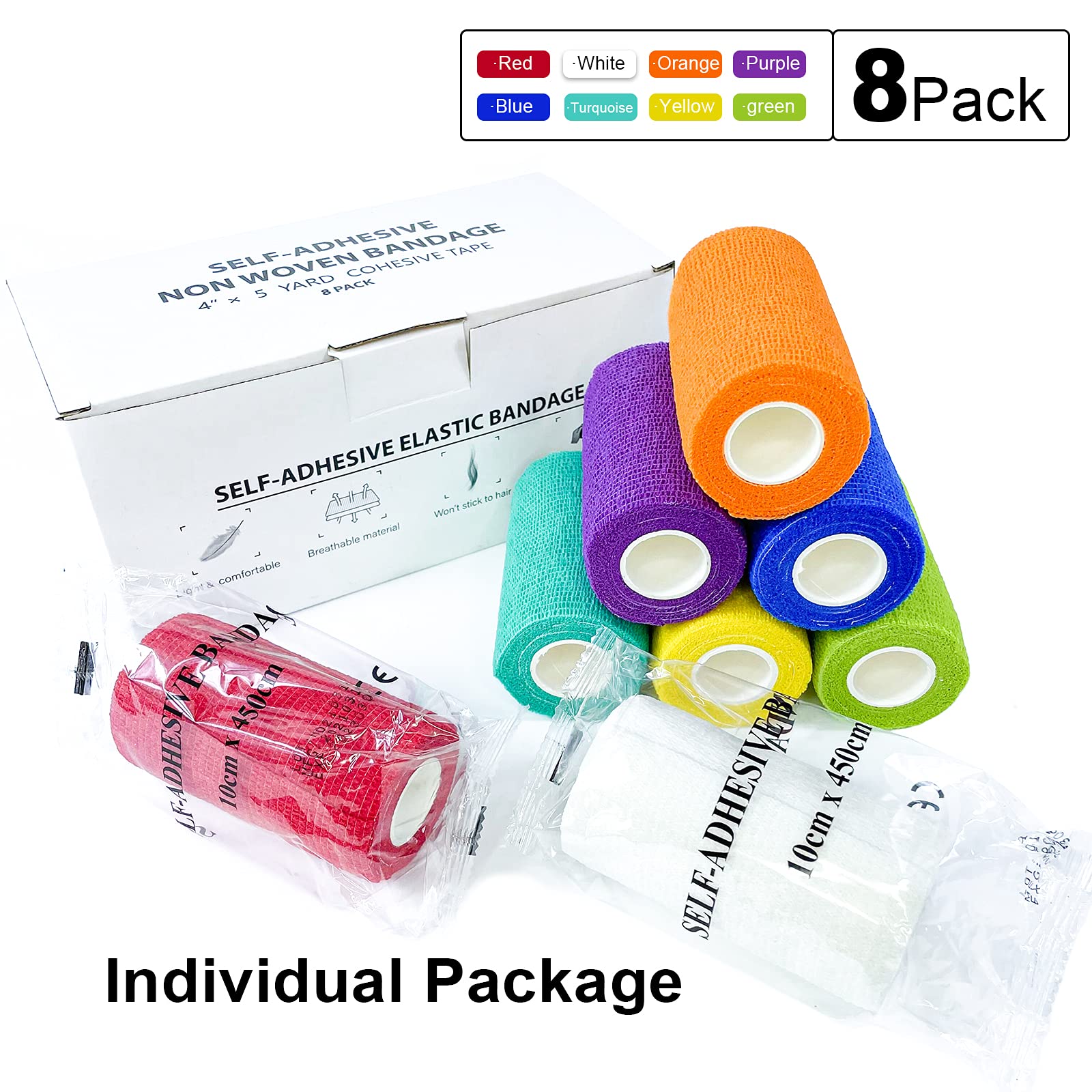 [8 Pack-4x5Yards] Assorted Color- Self Adhesive Bandages Wrap, Athletic Elastic Cohesive Bandage for Vet Wrap, Sports Injury, St