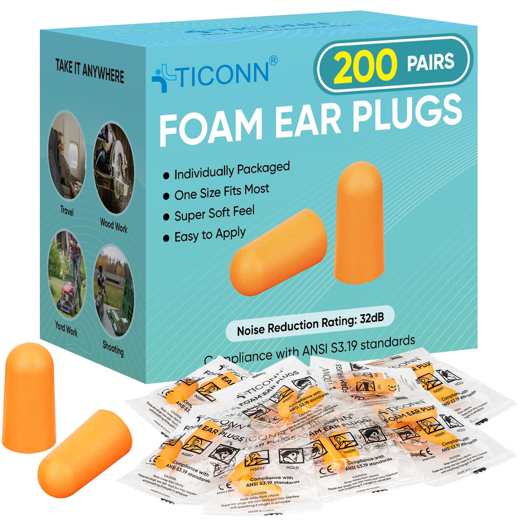 TICONN 200 Pairs Ear Plugs, 32dB Noise Reduction Earplugs for Sleeping Hearing Protection Travel Study Concentration Constructio