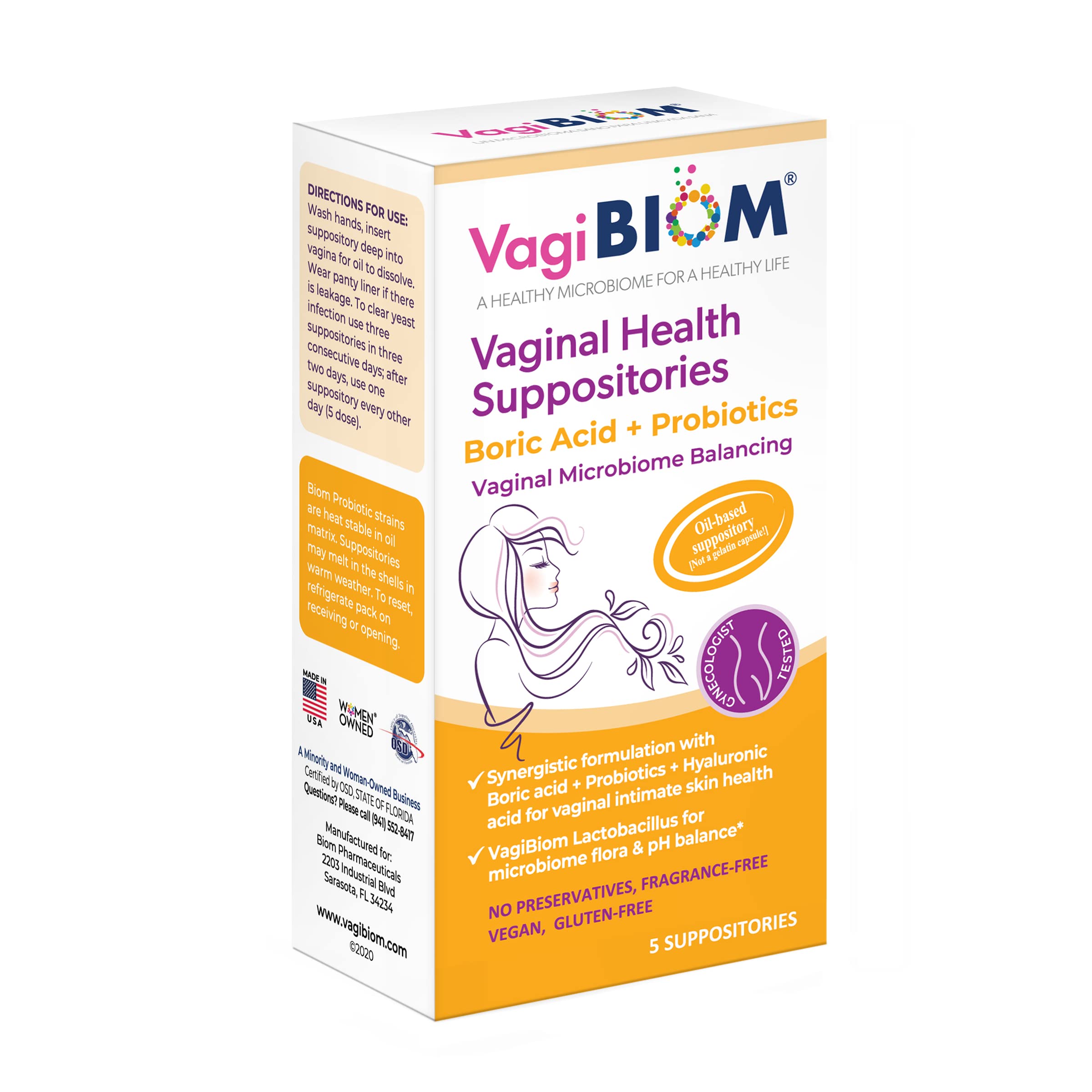 VagiBiom Boric Acid Suppositories with Lactobacillus: Microbiome Flora Balance; Balance and Nourishes Healthy Flora; Paraben-Fre