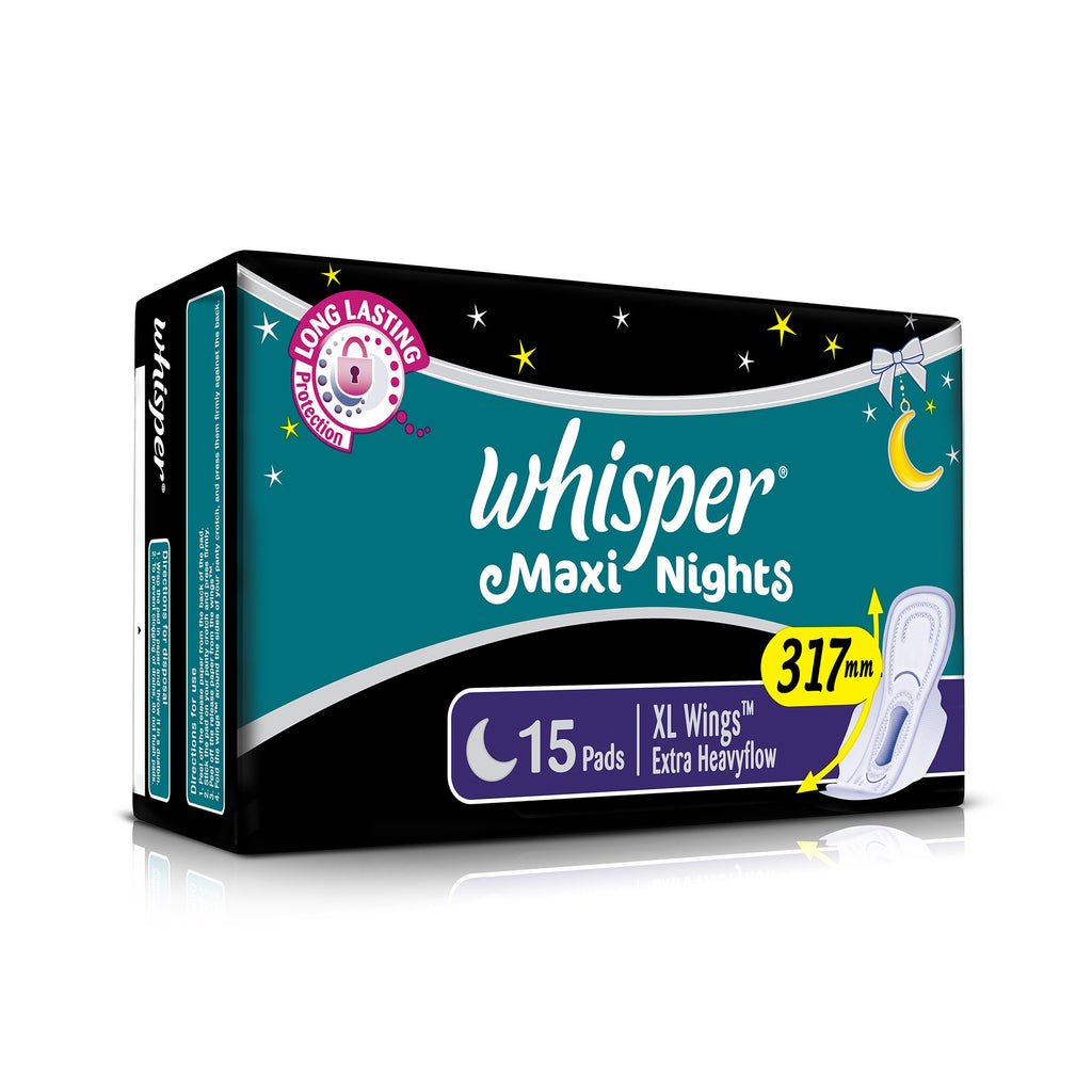 Whisper Maxi Nights Sanitary Pads for Women, XL, Pack of 15 Napkins
