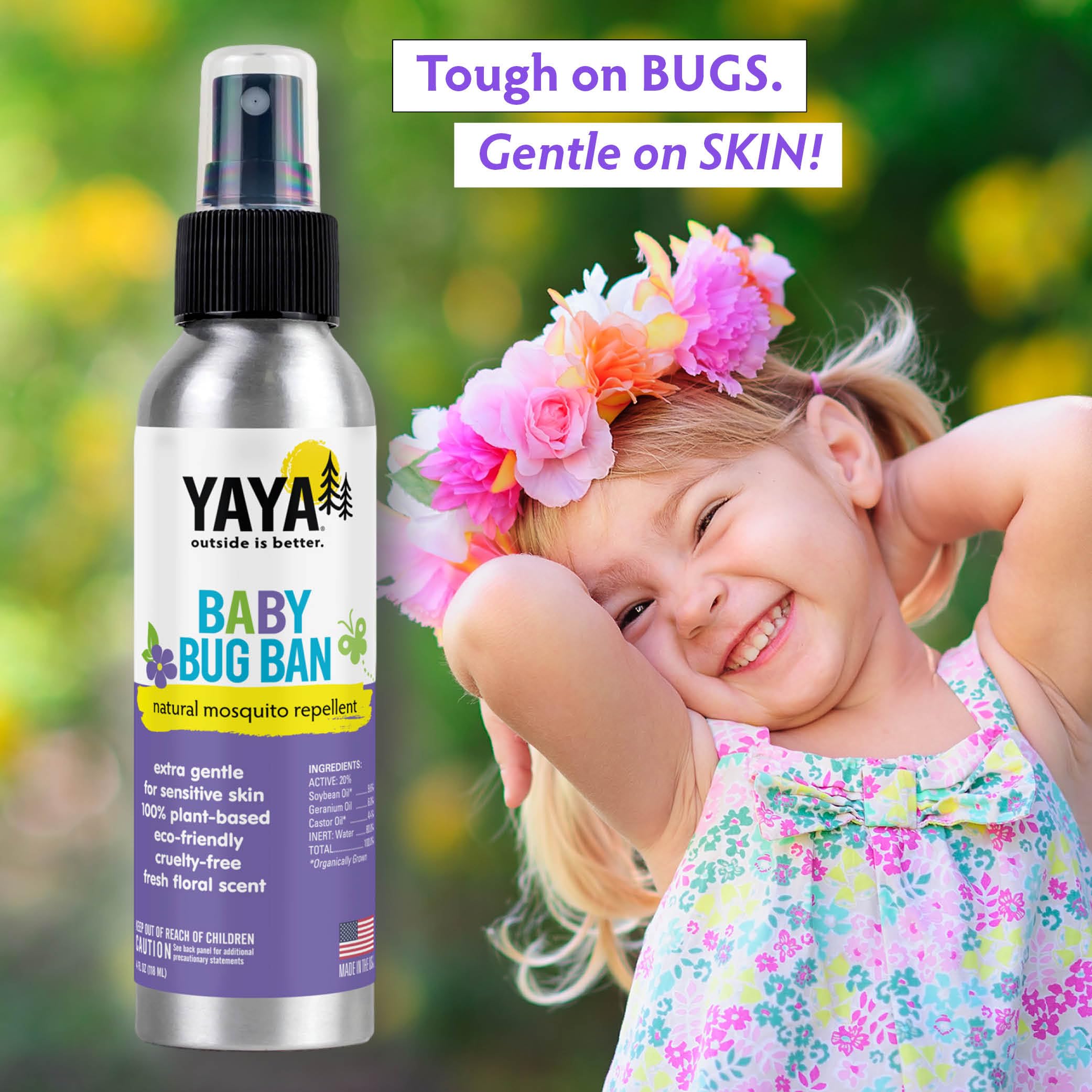 YAYA ORGANICS Baby Bug BAN - All-Natural, Proven Effective Repellent for Babies, Children and Sensitive Skin (4 Ounce Spray)