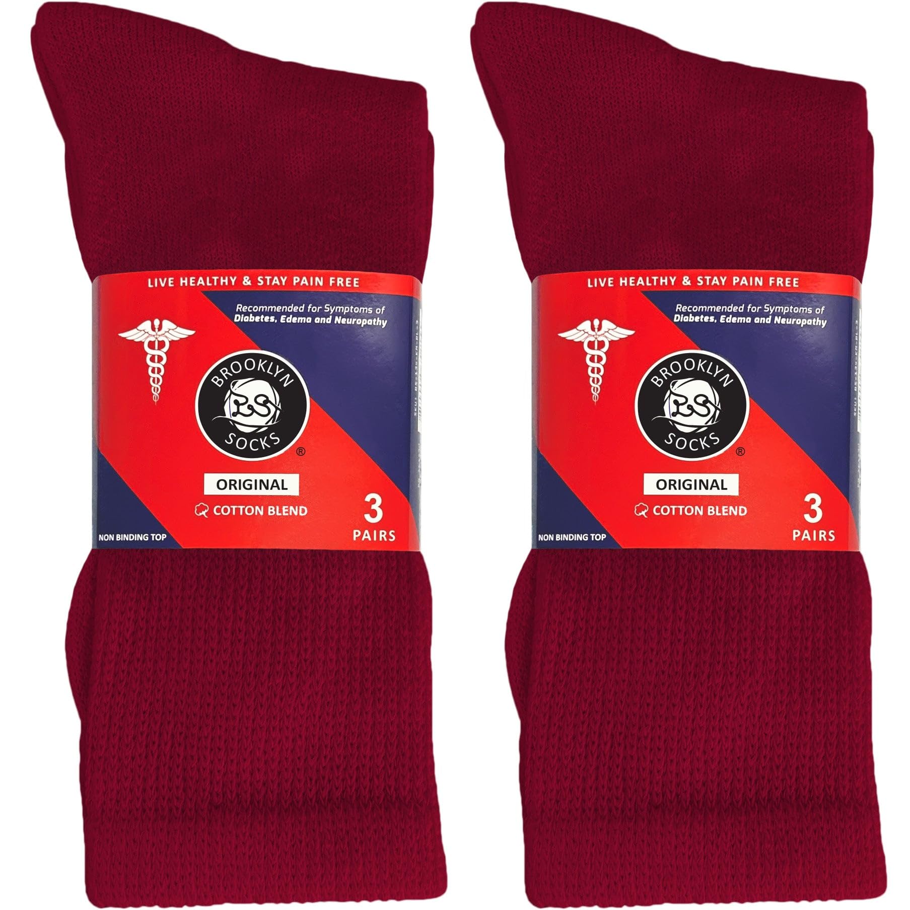 6 Pairs of Cotton Diabetic Non-Binding Neuropathy Crew Socks (Red, Fits Mens shoe size 8.5-10,5/Womens shoe size 9-11.5)