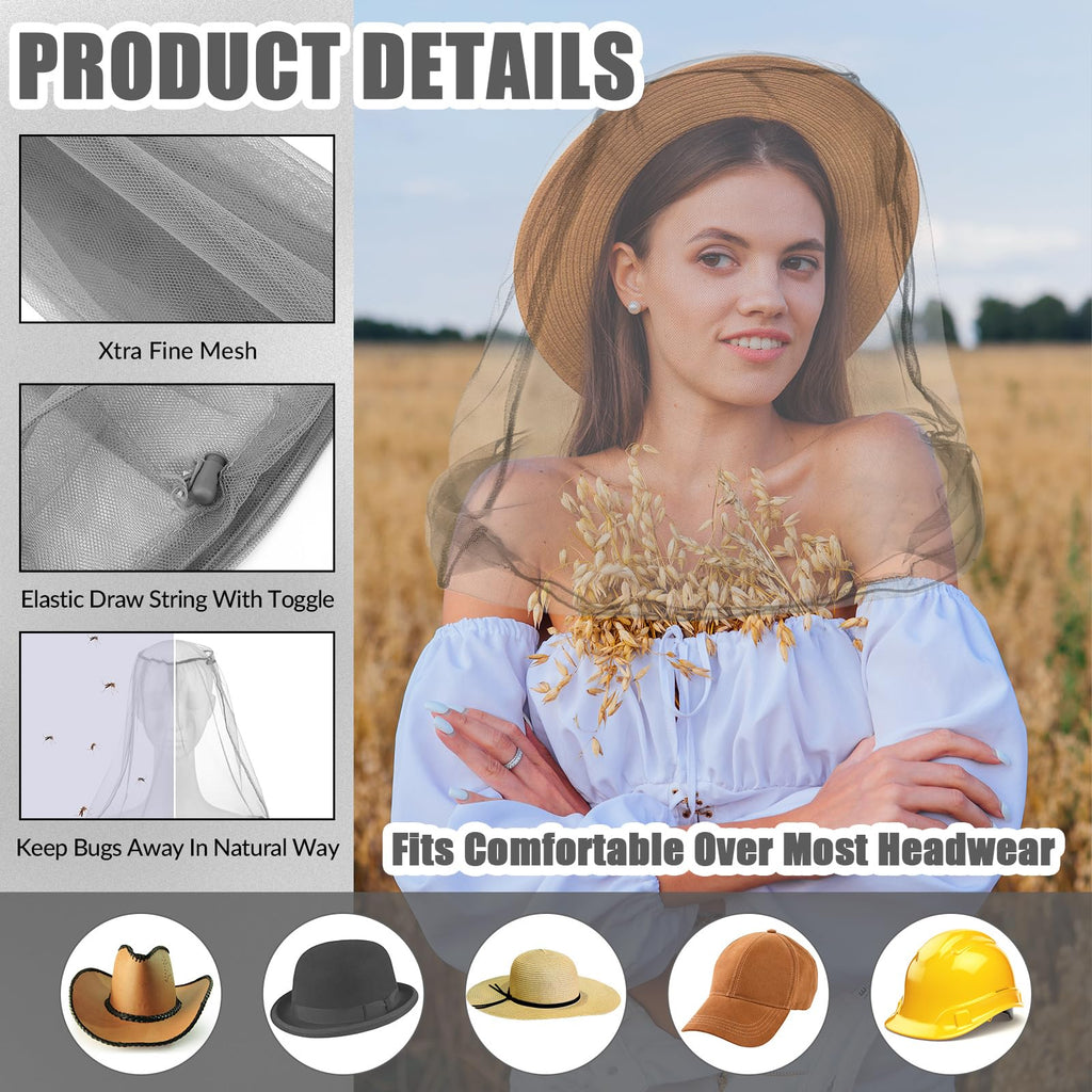 HESTYA 4 Pack Mosquito Bug Net Mesh for Head Mosquito Head Net Face Neck Fly Netting Hood from Insect Bugs Gnats for Outdoor(Gra