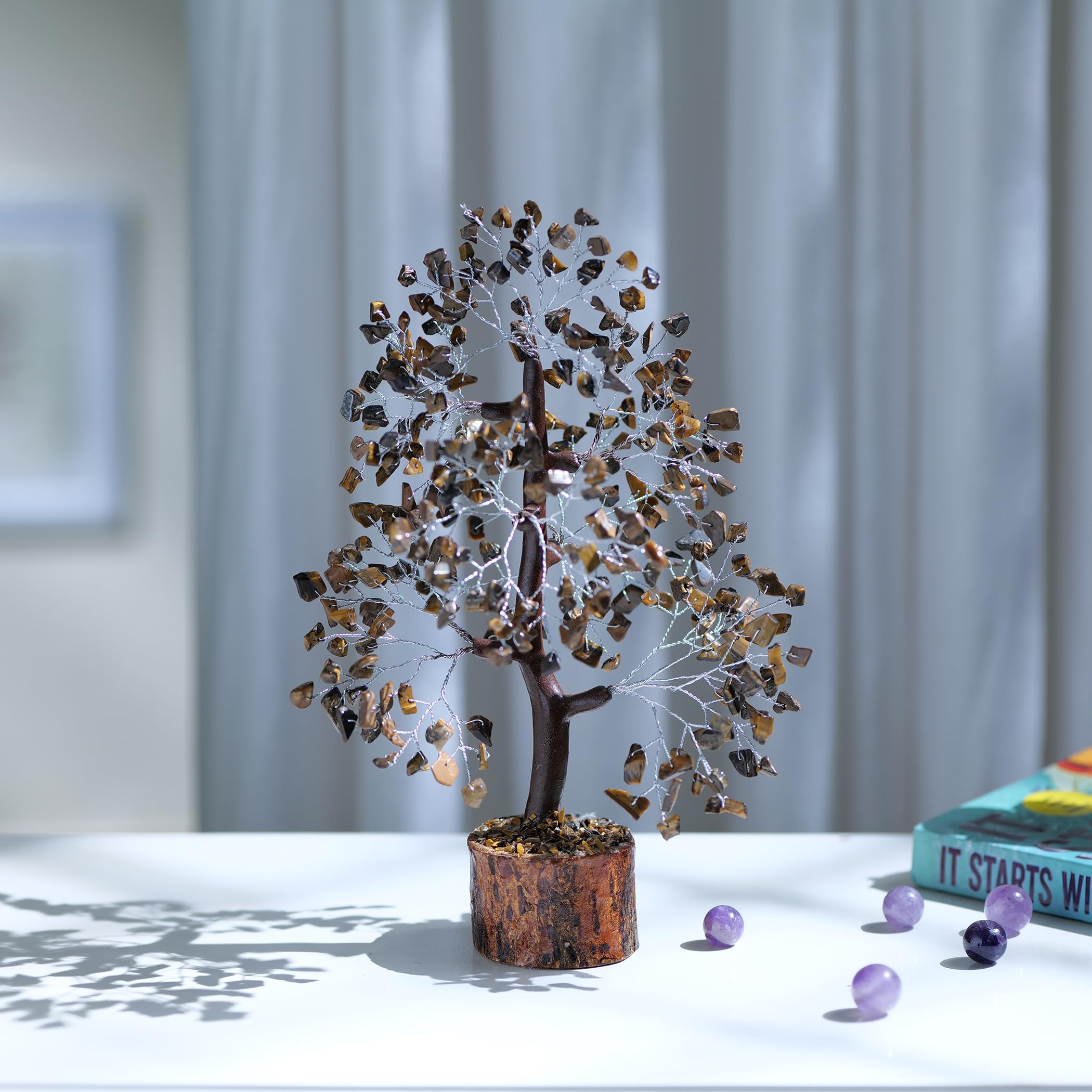 PYOR Tigers Eye, Healing Crystal, Positive Stones, Gem, Money Crystal, Gemstone Bonsai Tree, Positive Energy Decor