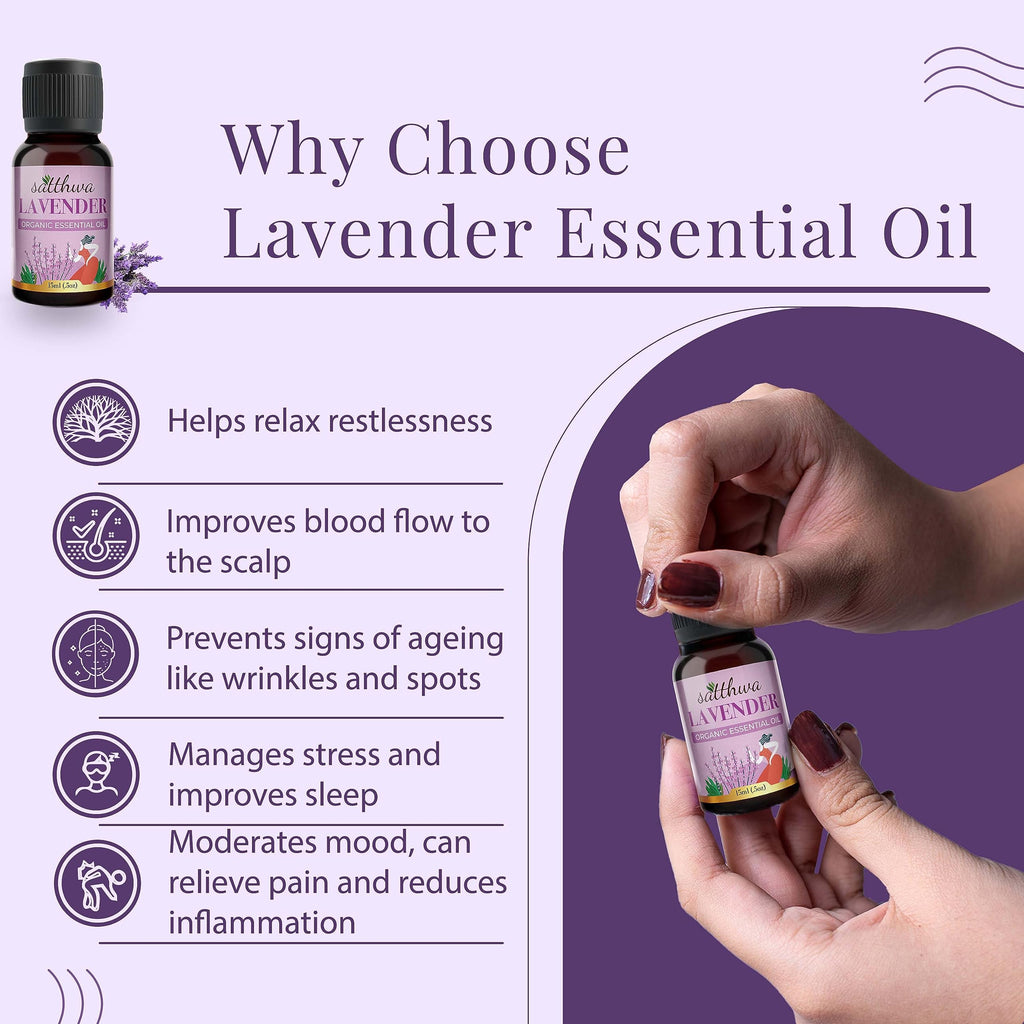 Satthwa Organic Lavender Essential Oil - Therapeutic Grade - 15ml - Calming Floral Scent, Promotes Relaxation, Soothes Skin Irri