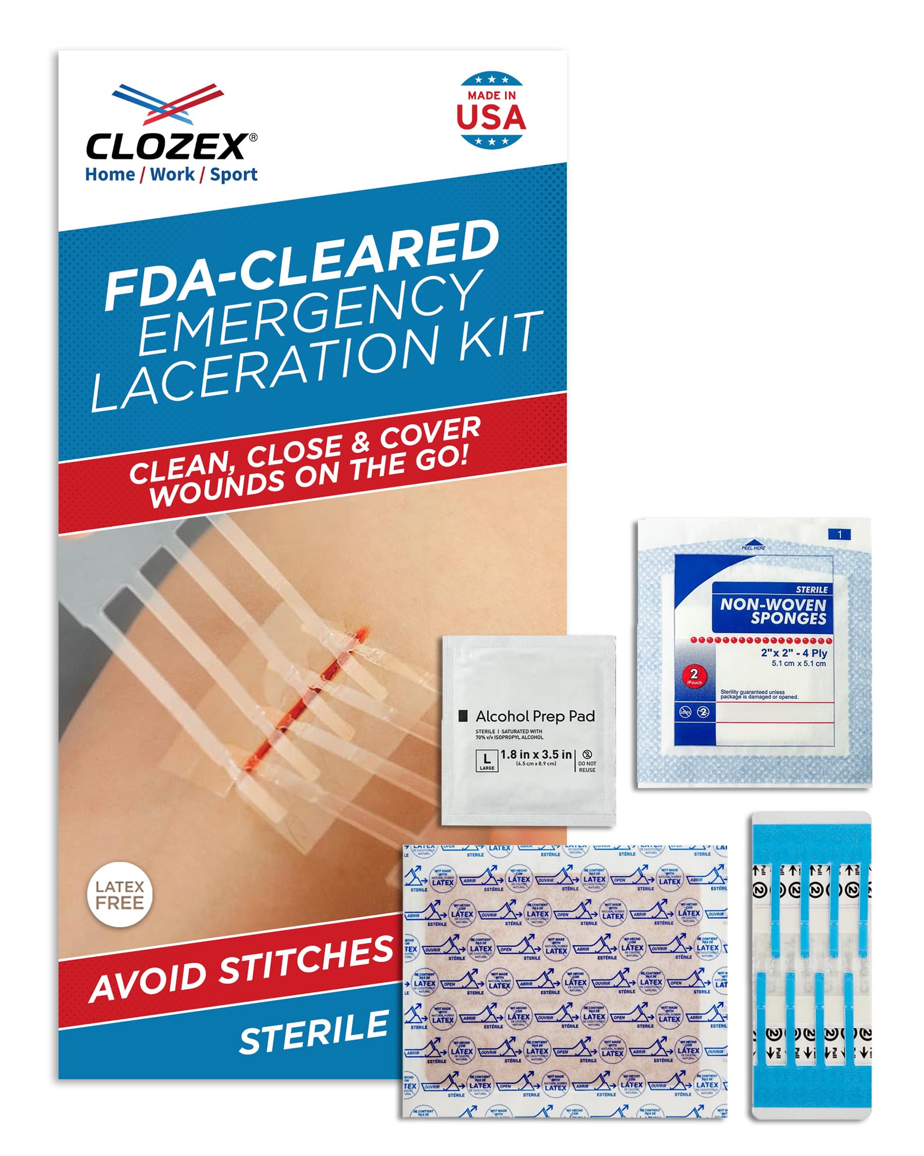 Clozex Emergency Laceration Kit - Repair Wounds Without Stitches, Skin Closure Device for a Wound Up to 1 1/2 Inches Length. Com