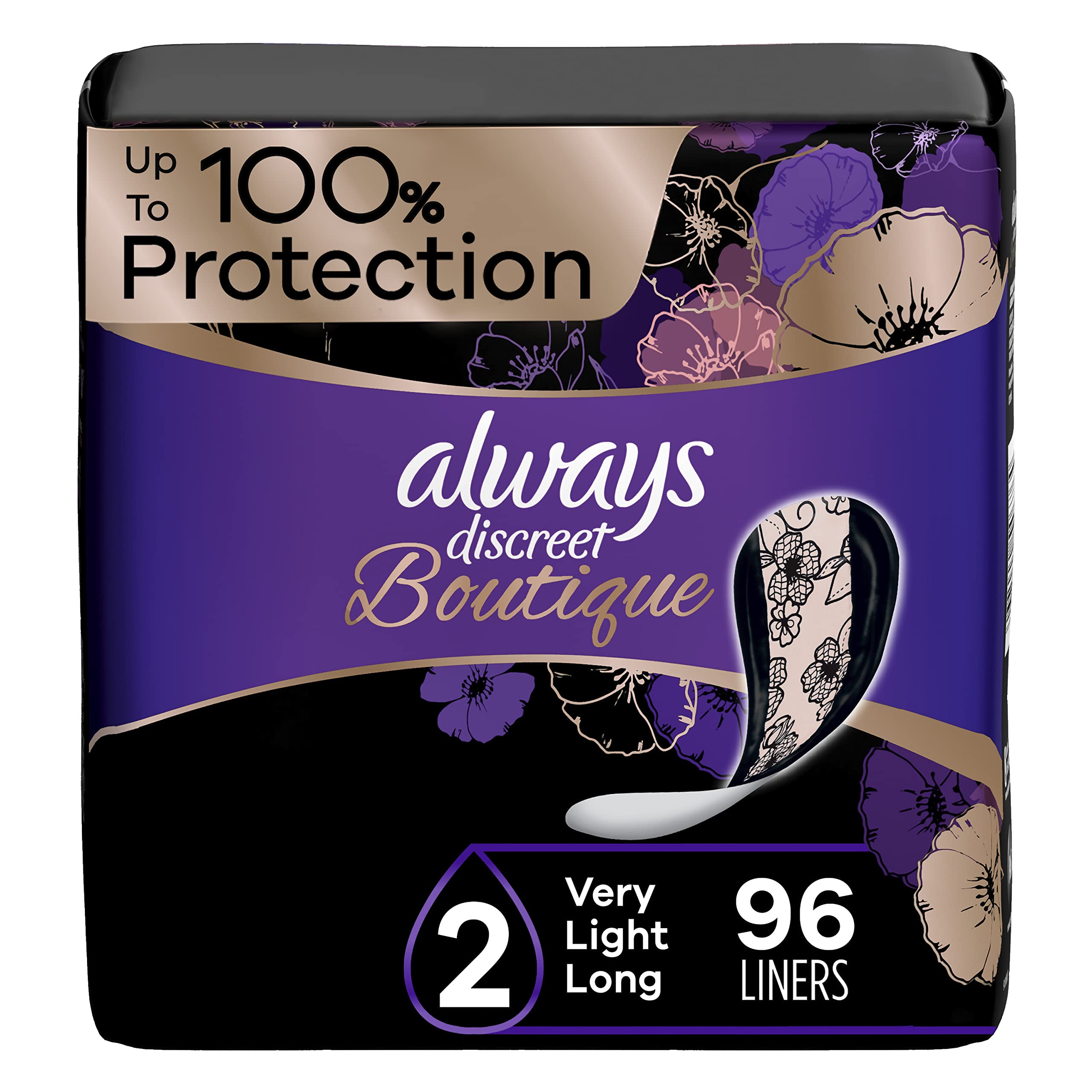 Always Discreet Boutique Adult Incontinence & Postpartum Liners For Women, Size 2, Very Light Absorbency, Long Length, 32 Count 
