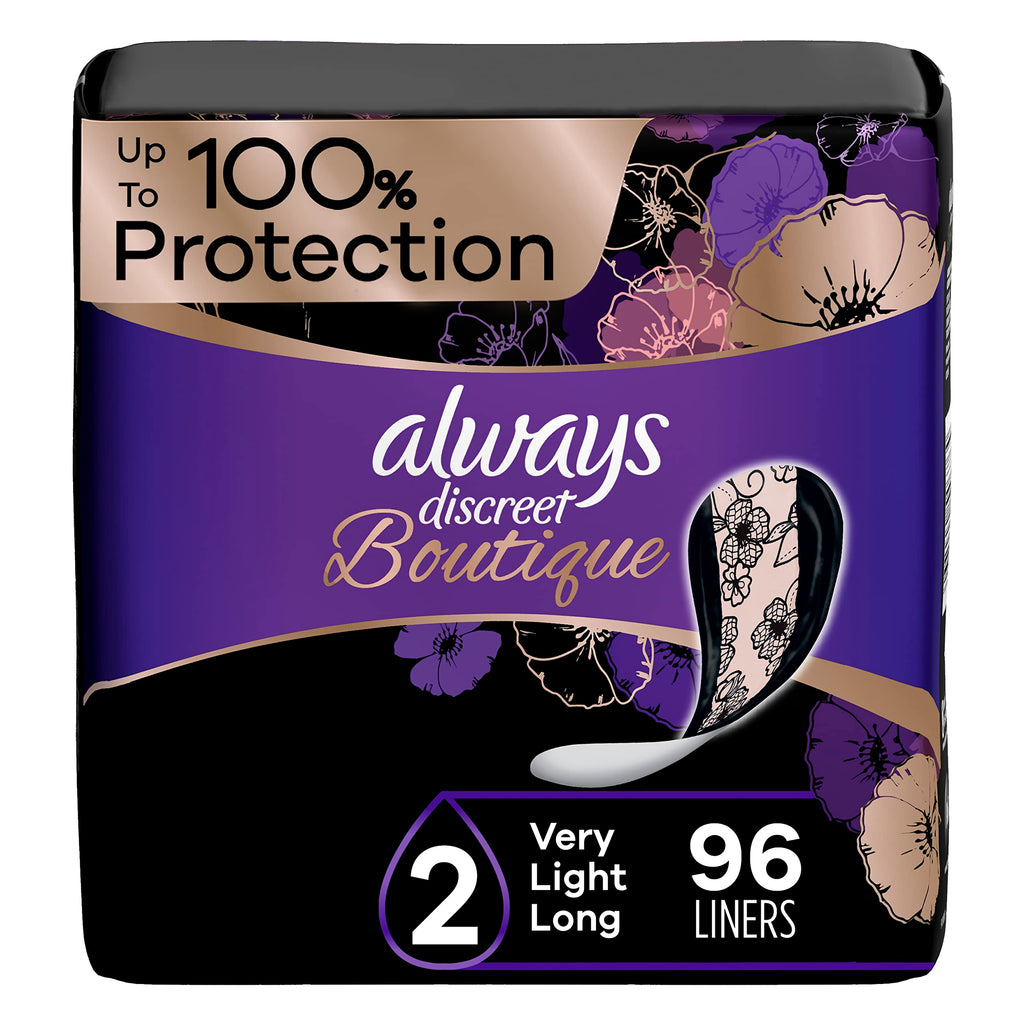 Always Discreet Boutique Adult Incontinence & Postpartum Liners For Women, Size 2, Very Light Absorbency, Long Length, 32 Count 