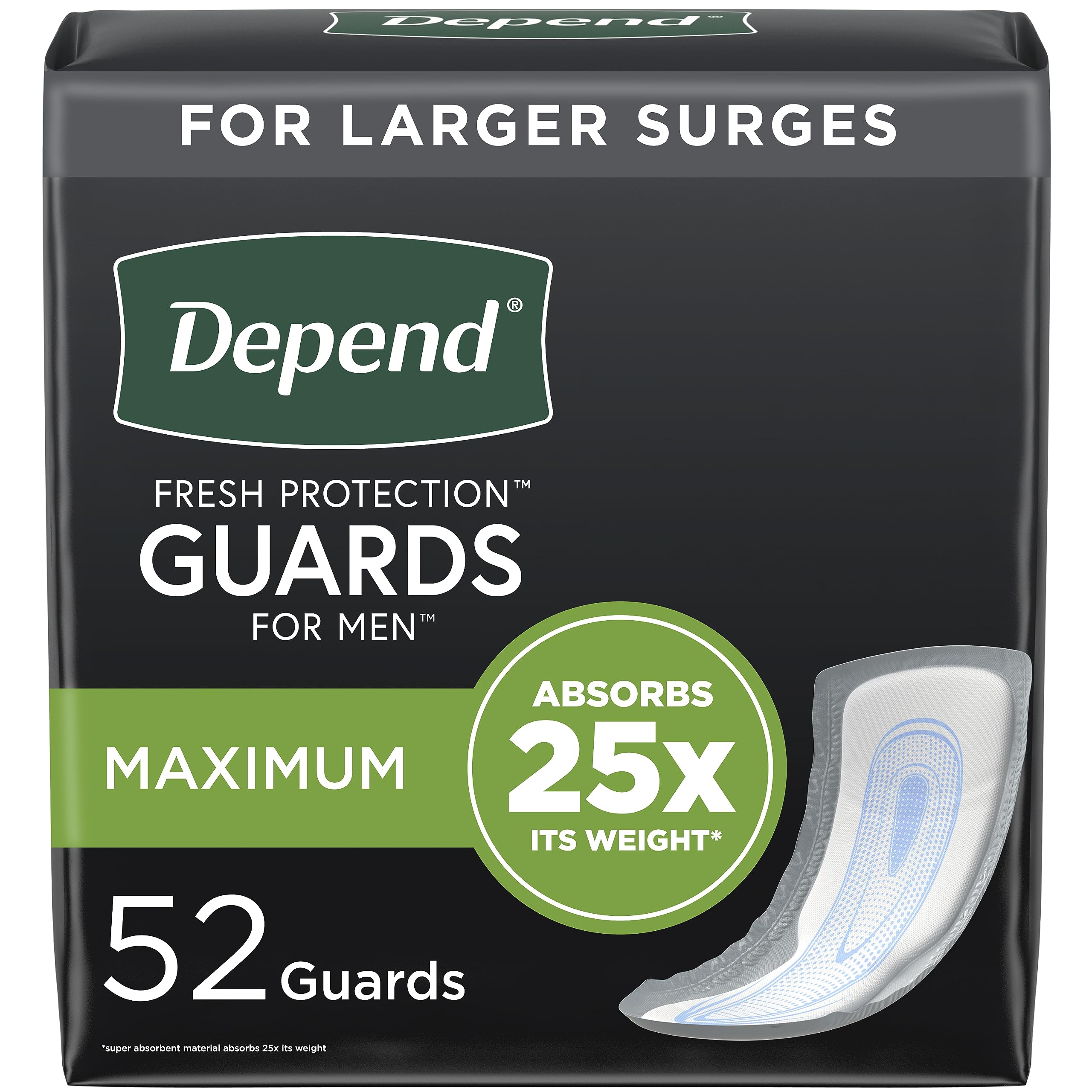 Depend Incontinence Guards/Incontinence Pads for Men/Bladder Control Pads, Maximum Absorbency, 52 Count, Packaging May Vary