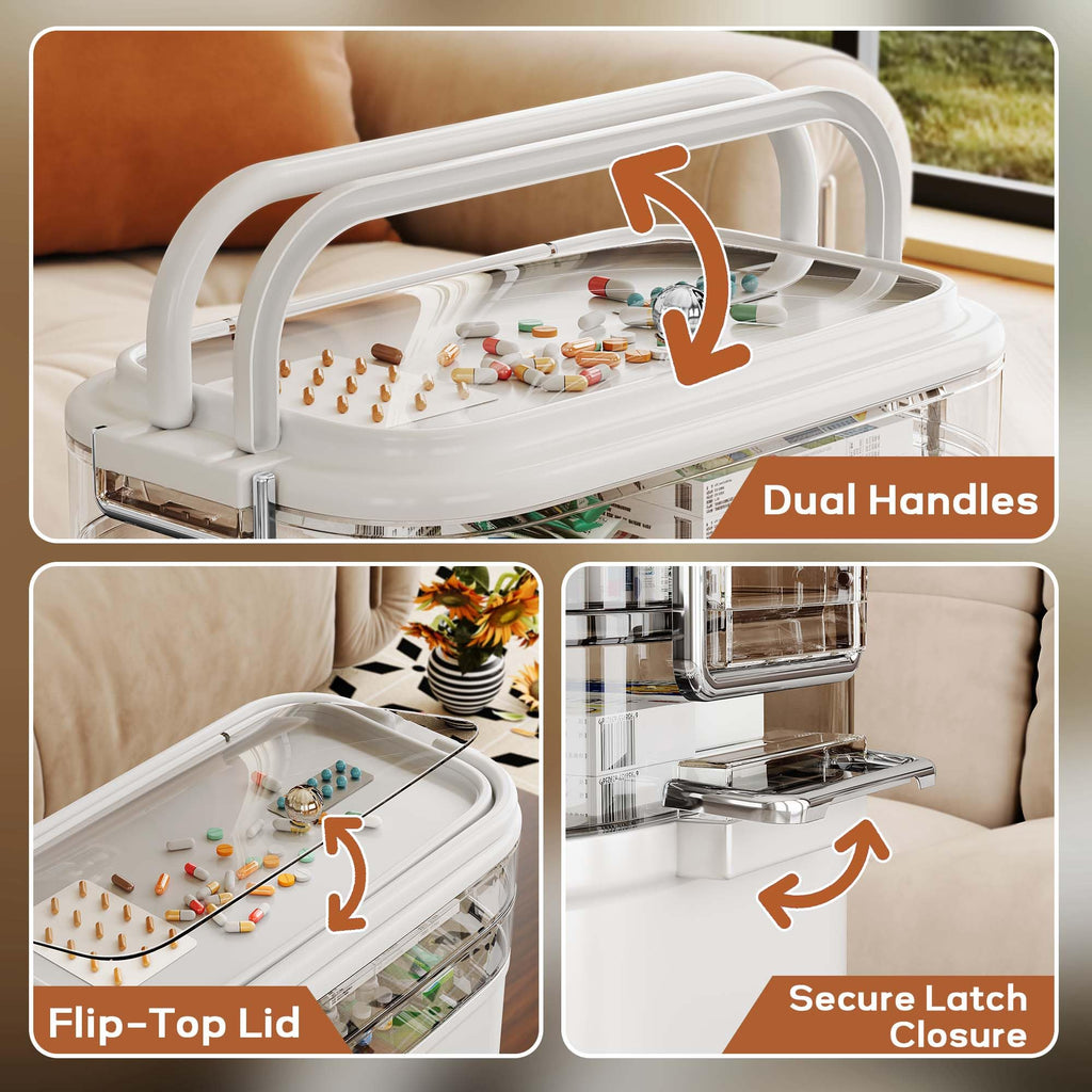 NiHome Home & Travel 4-Tier Medicine Storage Box with Portable Pill Case, Durable Adjustable Compartments, Moisture-Resistant Li