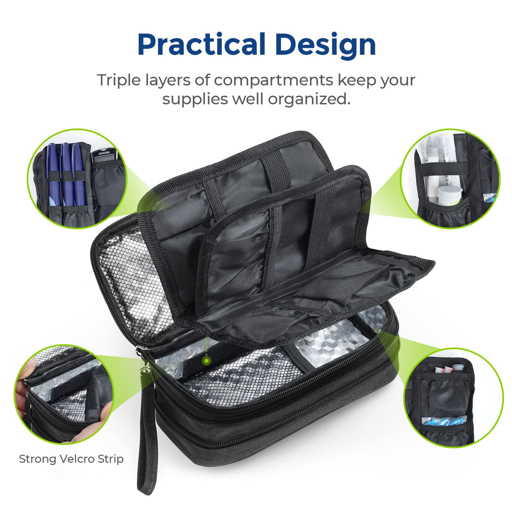 AUVON Insulin Cooler Travel Case, Expandable Insulated Diabetic Bag with 2 * 180g Ice Packs for Double Cooling Time, Portable Me