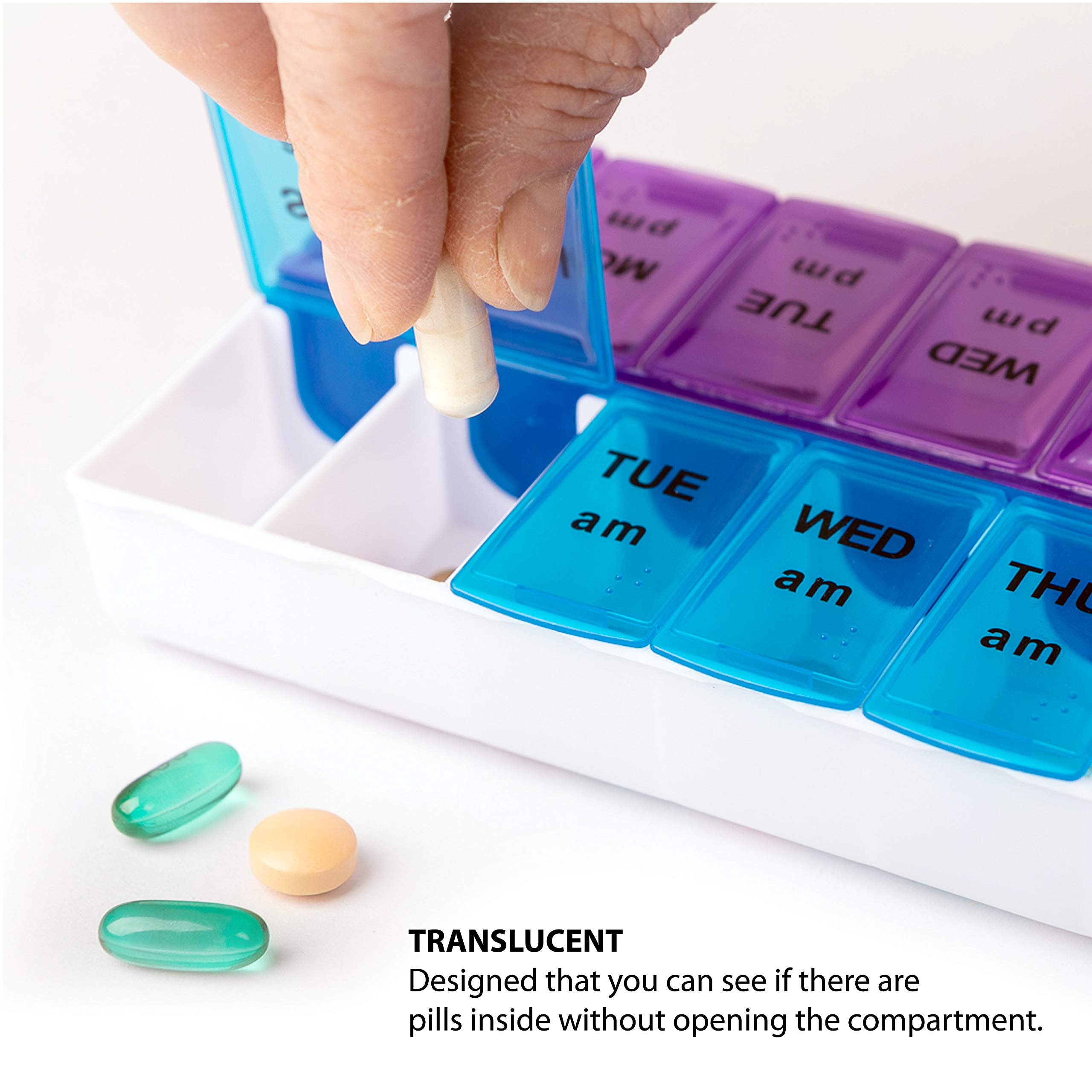 Deke Home - Pill Organizer 2 Times a Day, Weekly Pill Box, 7 Daily Compartments with AM PM Slots, Easy Snap Lids Medication Disp
