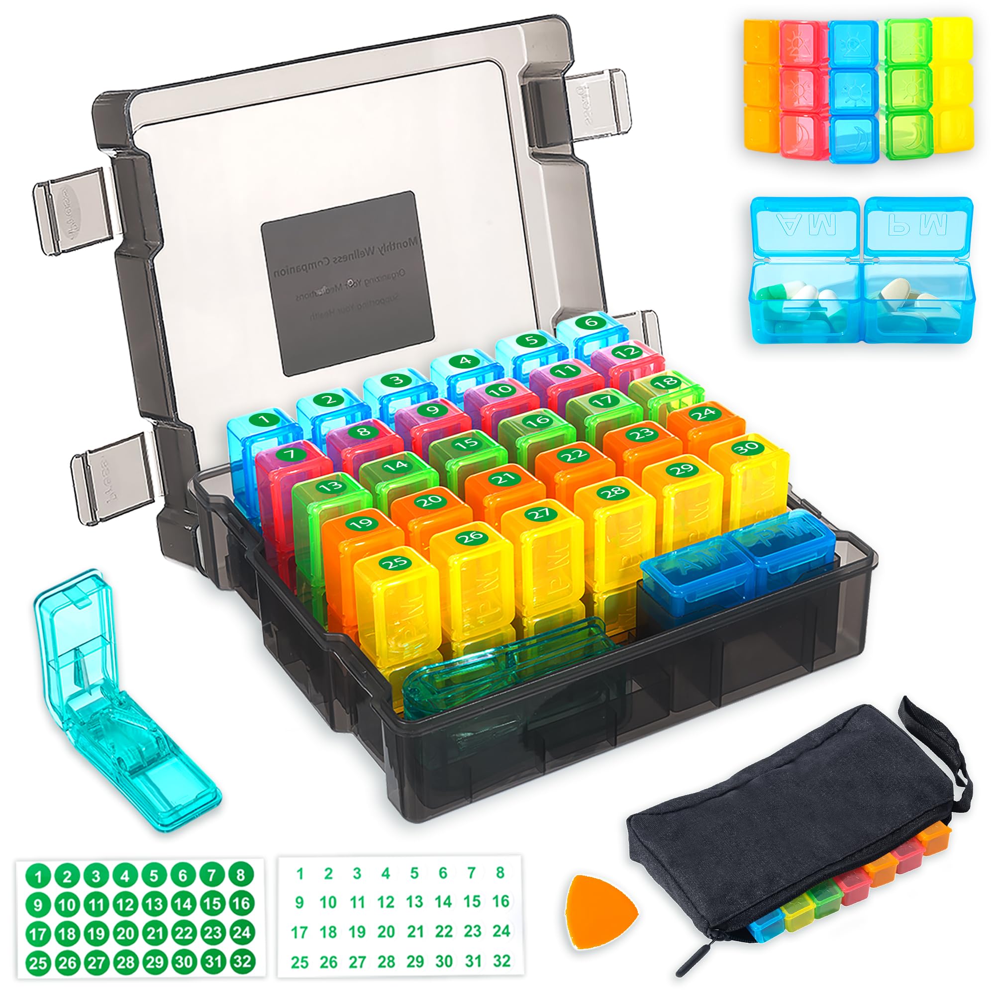 Monthly Pill Organizer 2 Times a Day, Portable AM PM Pill Box with Weekly Travel Bag, Large Capacity Medicine Organizer with Lab