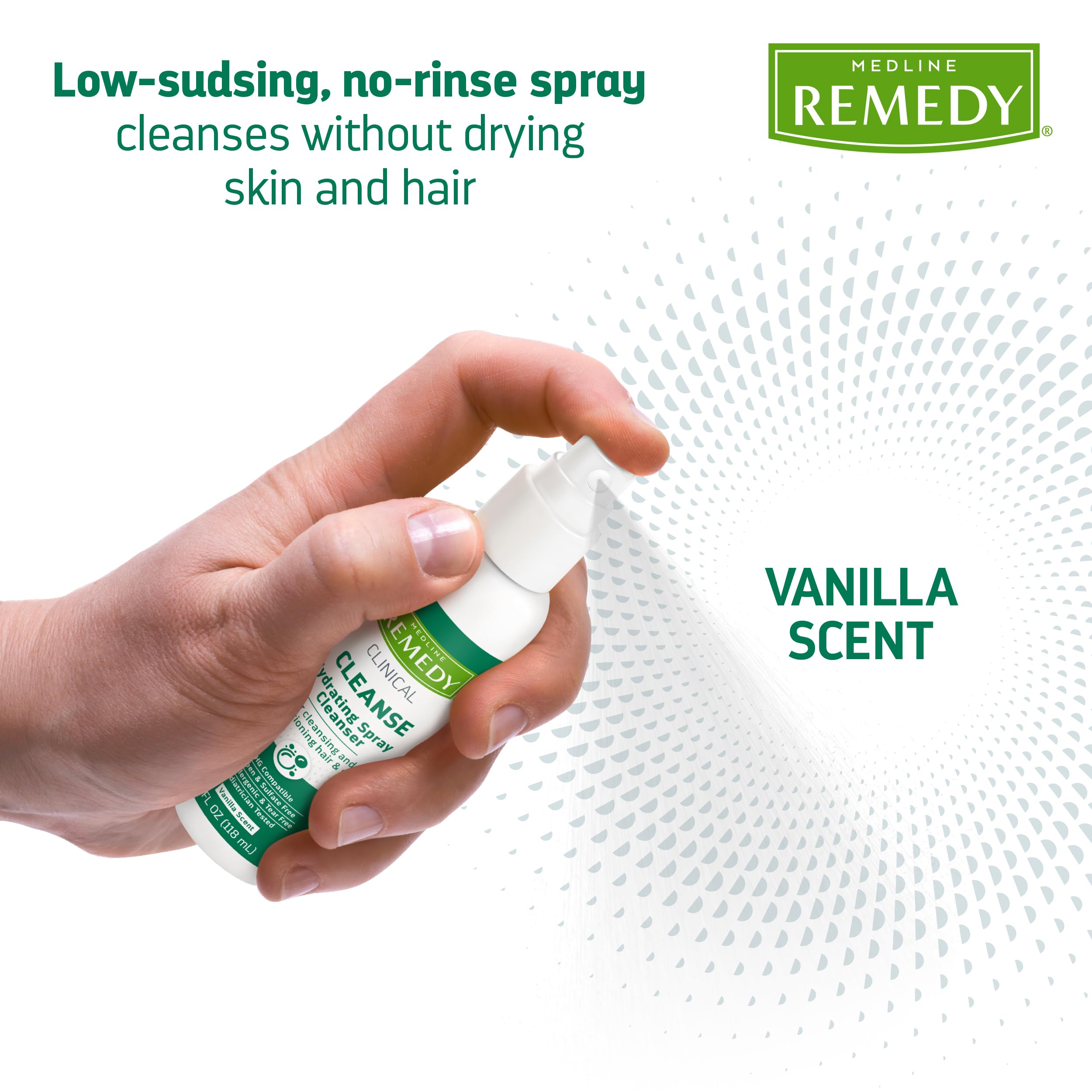 Medline Remedy Clinical No-Rinse Spray Cleanser (8 fl oz), 12 Count, Vanilla Scent, For Skin and Hair, Adults, Children, Body Wa