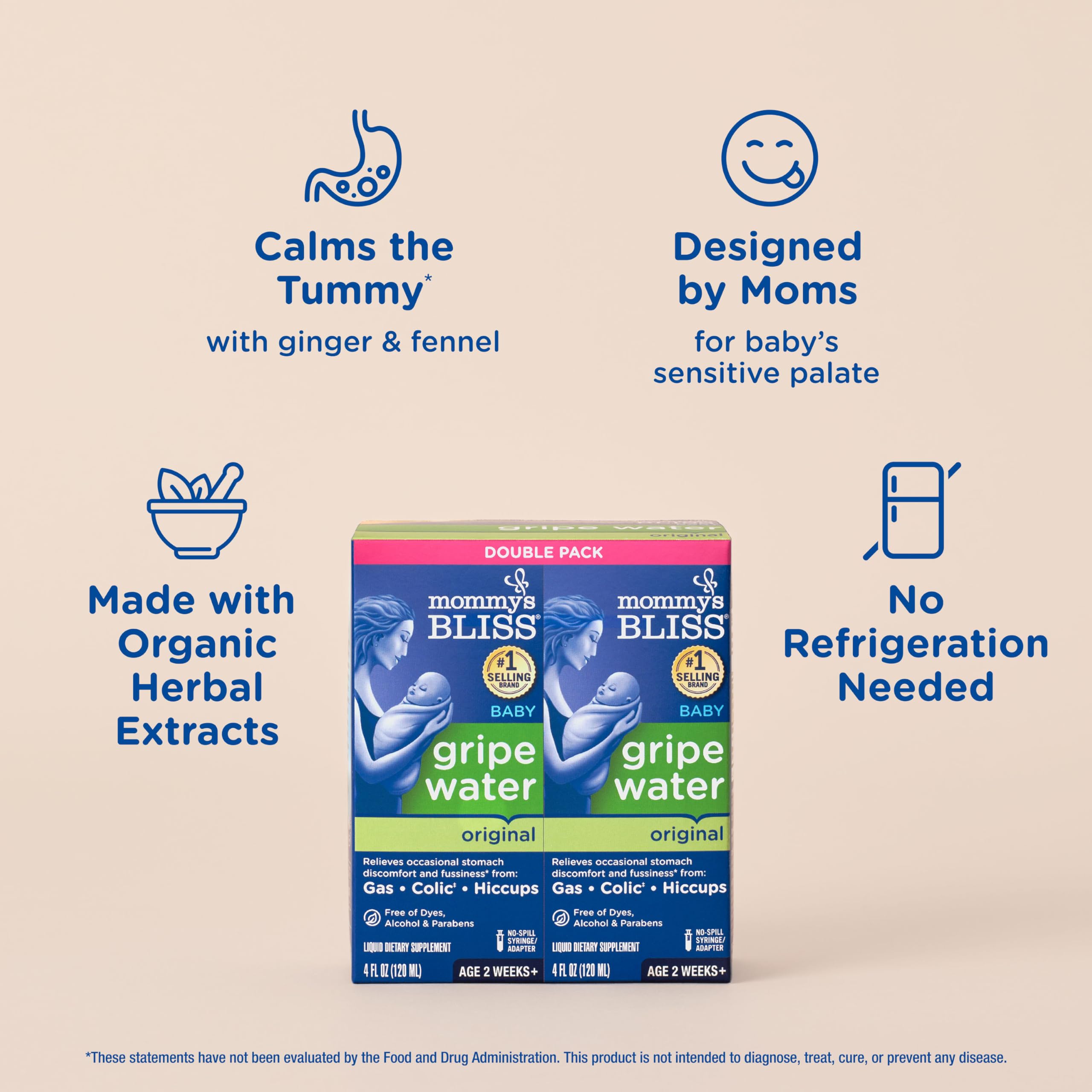 Mommys Bliss Gripe Water for Babies - Double Pack, Relieves Stomach Discomfort from Gas, Colic, Fussiness & Hiccups, Age 2 Week