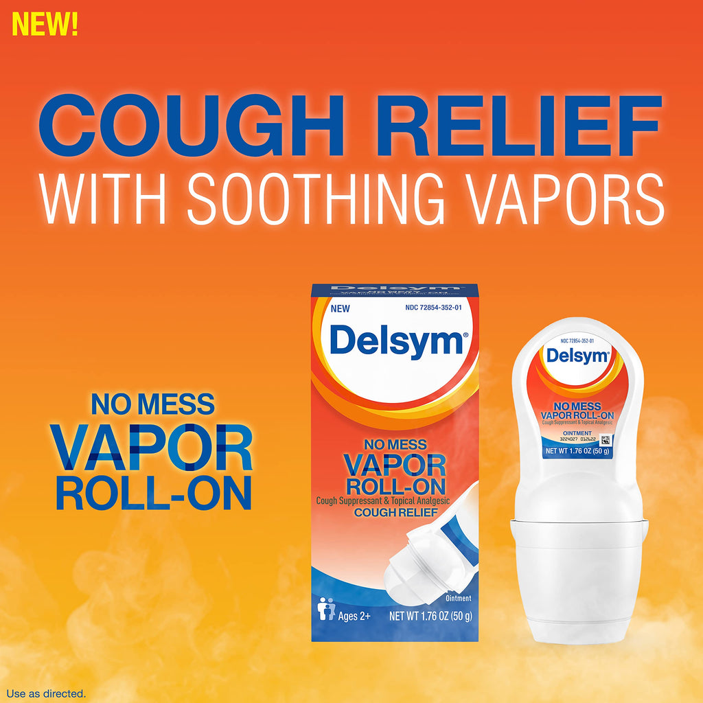 Delsym No Mess Vapor Roll-On Cough Suppressant & Topical Analgesic 1.76 oz with Camphor, Eucalyptus Oil, Menthol, Adults & Kids,