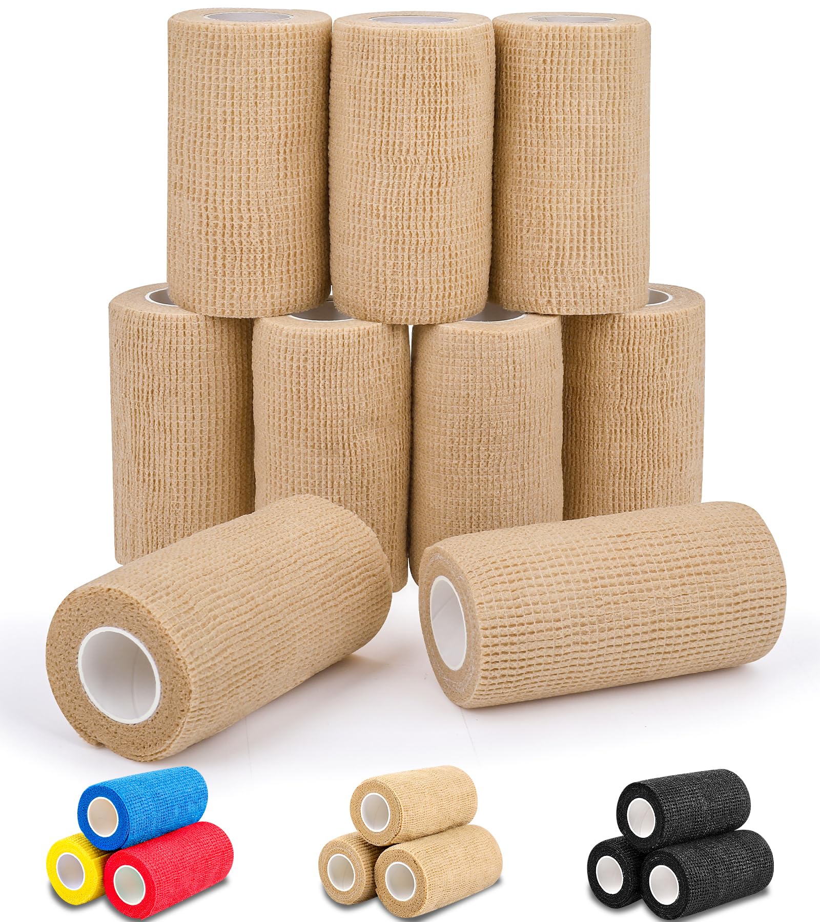 AZEN 9 Pack Self Adhesive Bandage Wrap, 4 X 5 Yards Elastic Cohesive Bandage Wrap, Skin Color Athletic Tape, Ankle Tape, Tattoo 