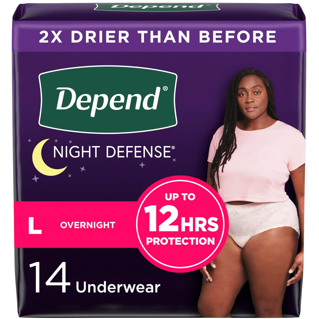 Depend Night Defense Adult Incontinence & Postpartum Bladder Leak Underwear for Women, Disposable, Overnight, Large, Blush, 14 C