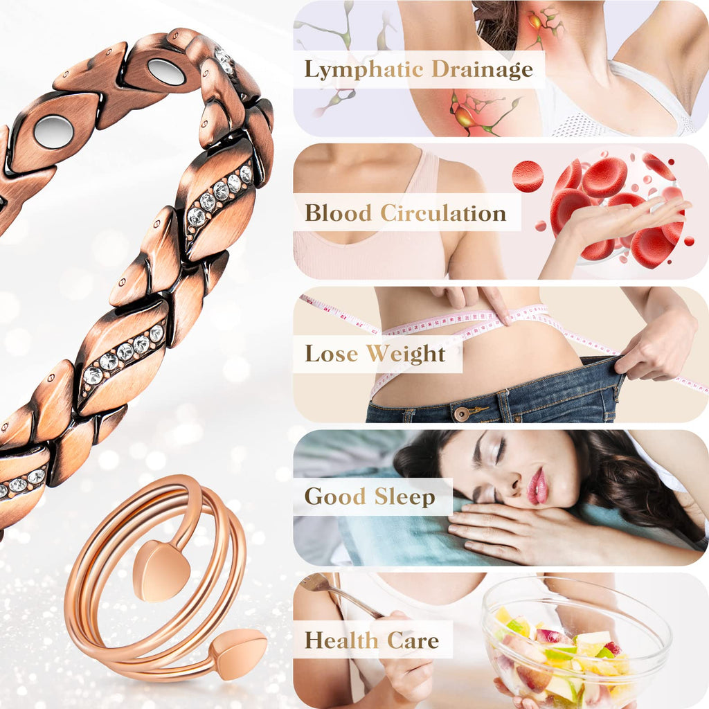 Copper Bracelets for Women, Magnetic Bracelets for Women & Heart-Shaped Lymphatic Drainage Ring with 3500 Gauss Magnet Classic C