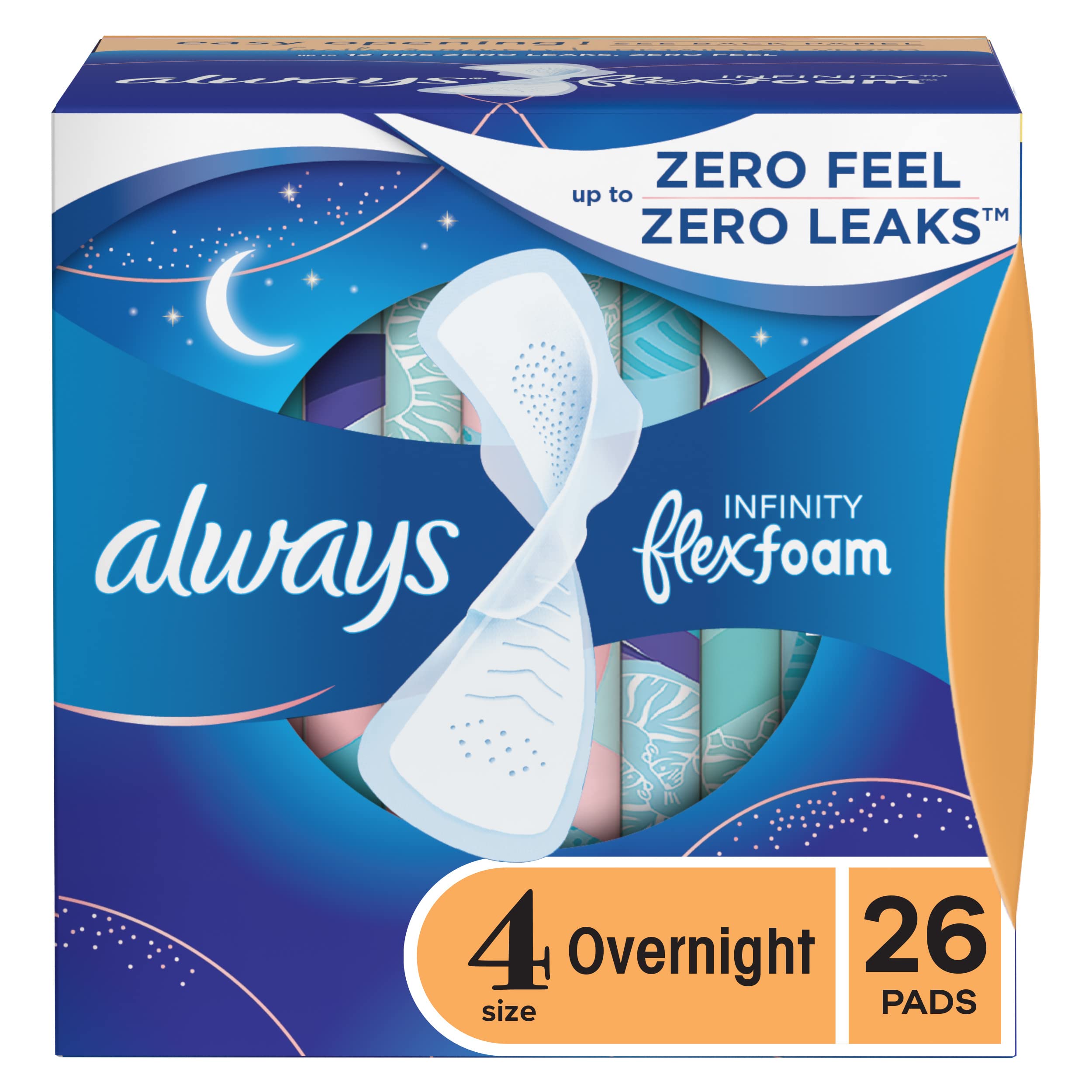 Always Infinity FlexFoam Pads for Women, Size 4, Overnight Absorbency, Unscented, 28 Count