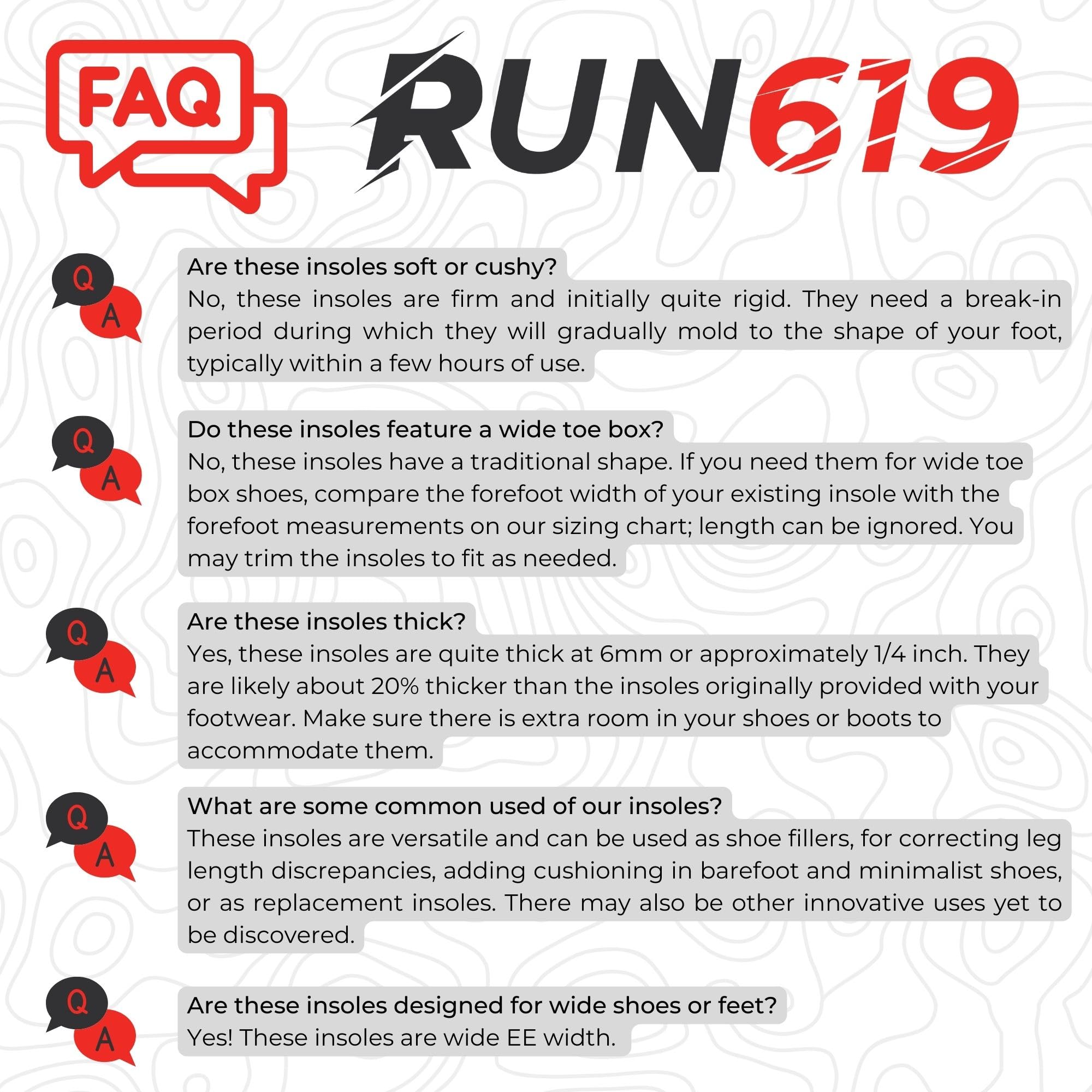 Wide Run 619 Shoe Insoles - Zero Drop Profile, Traditional Shape, Foot Forming, Wide Width - Thick, Firm, Flat Shoe Inserts - Me