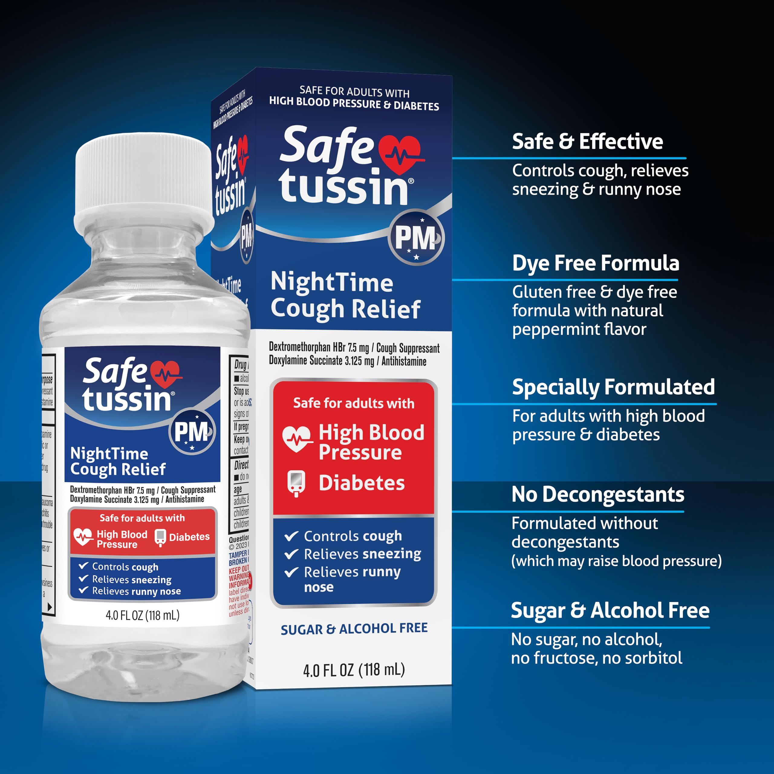 Safetussin PM Night Time Cough Relief Syrup, 4 Ounce Bottle