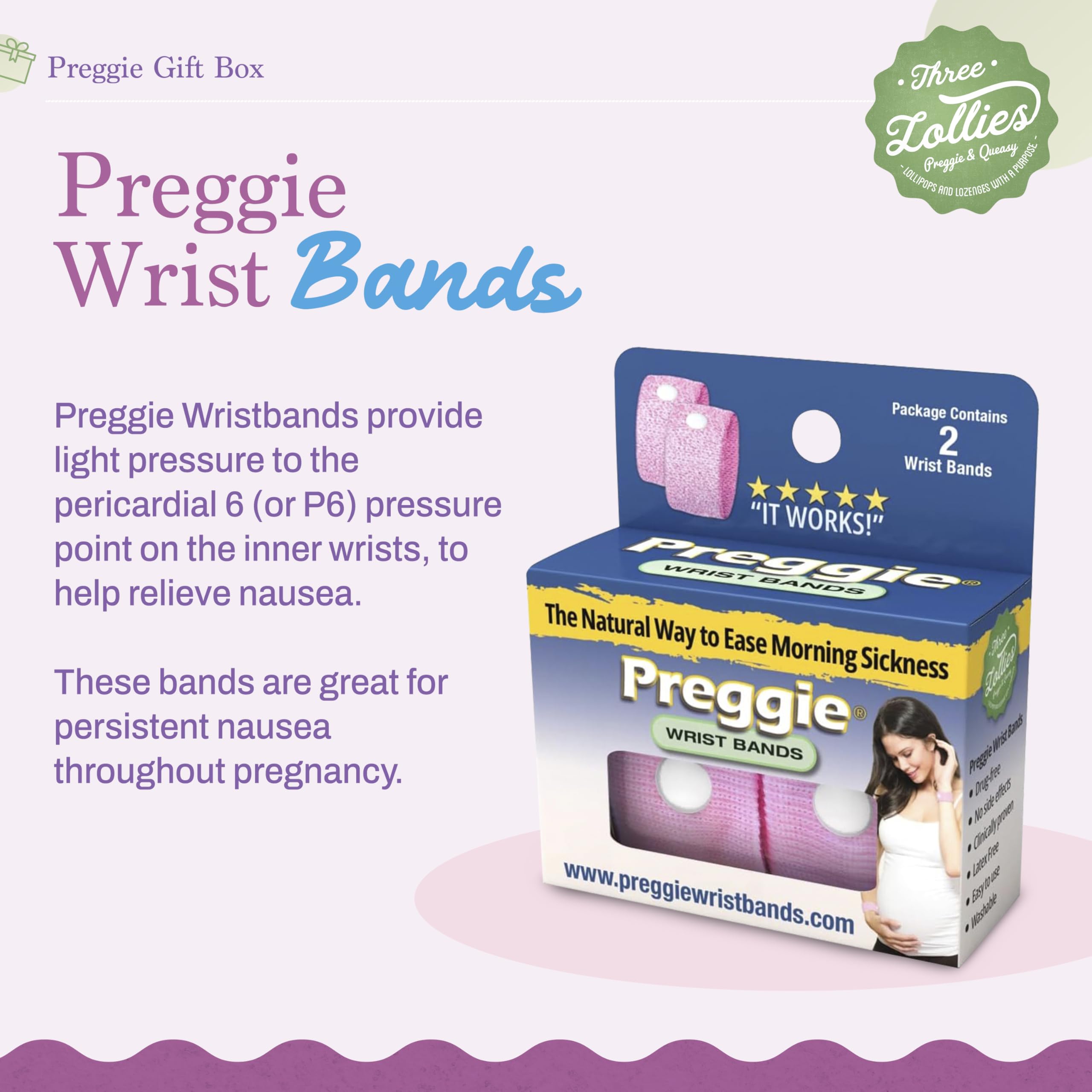 Three Lollies Preggie Gift Box - Natural, Pregnancy Nausea Relief Essentials with Anti-Sickness Lozenges, Hydration Packets, Gin