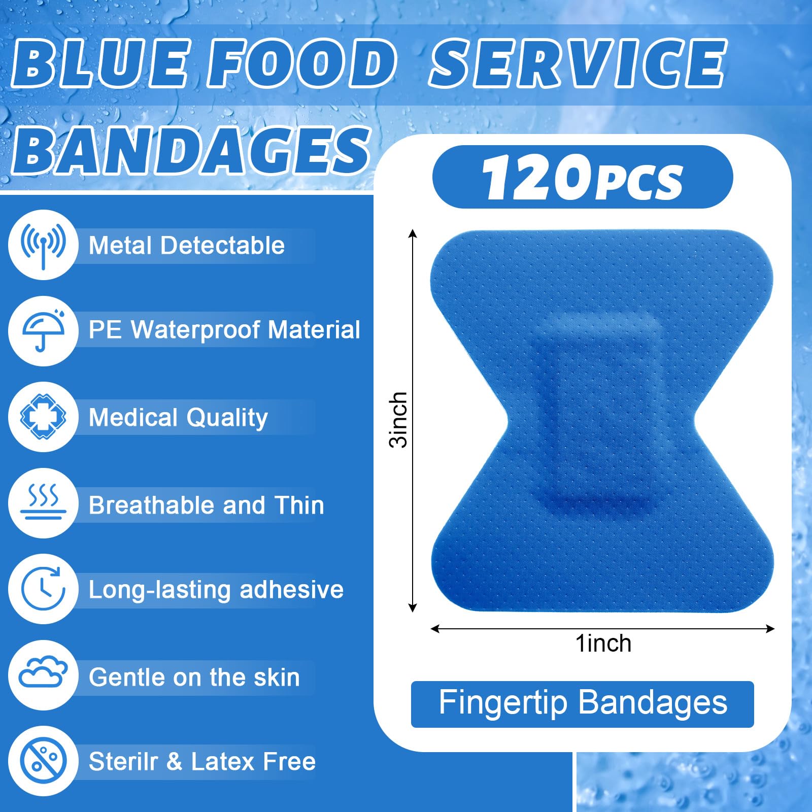 Geiserailie 120 Pcs Food Service Blue Detectable Bandage Woven Fingertip Waterproof Flexible Bandages Non-Stick Pad Latex Free C