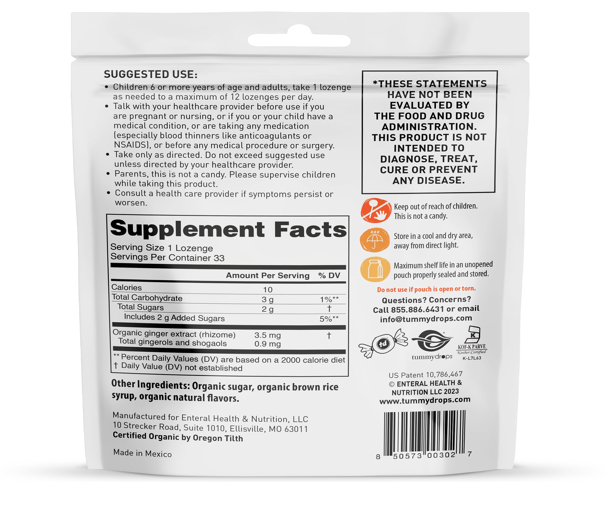 USDA Organic Natural Ginger Tummydrops, Bag of 33 Drops